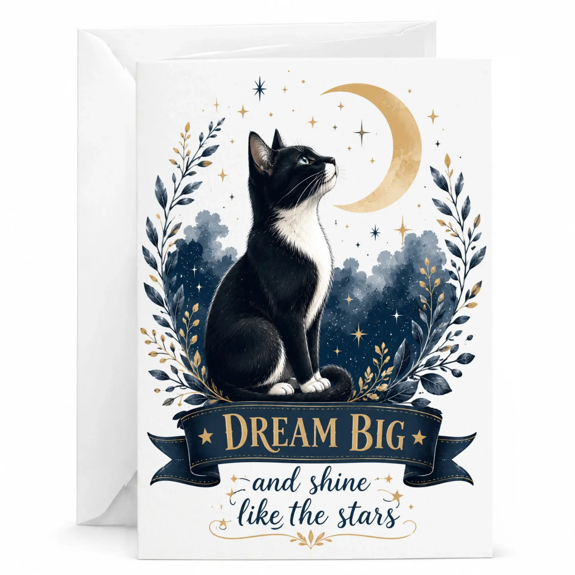 Greeting Card with Black Cat and Moon Design Inspirational Big Folded 5x7 Note Envelope