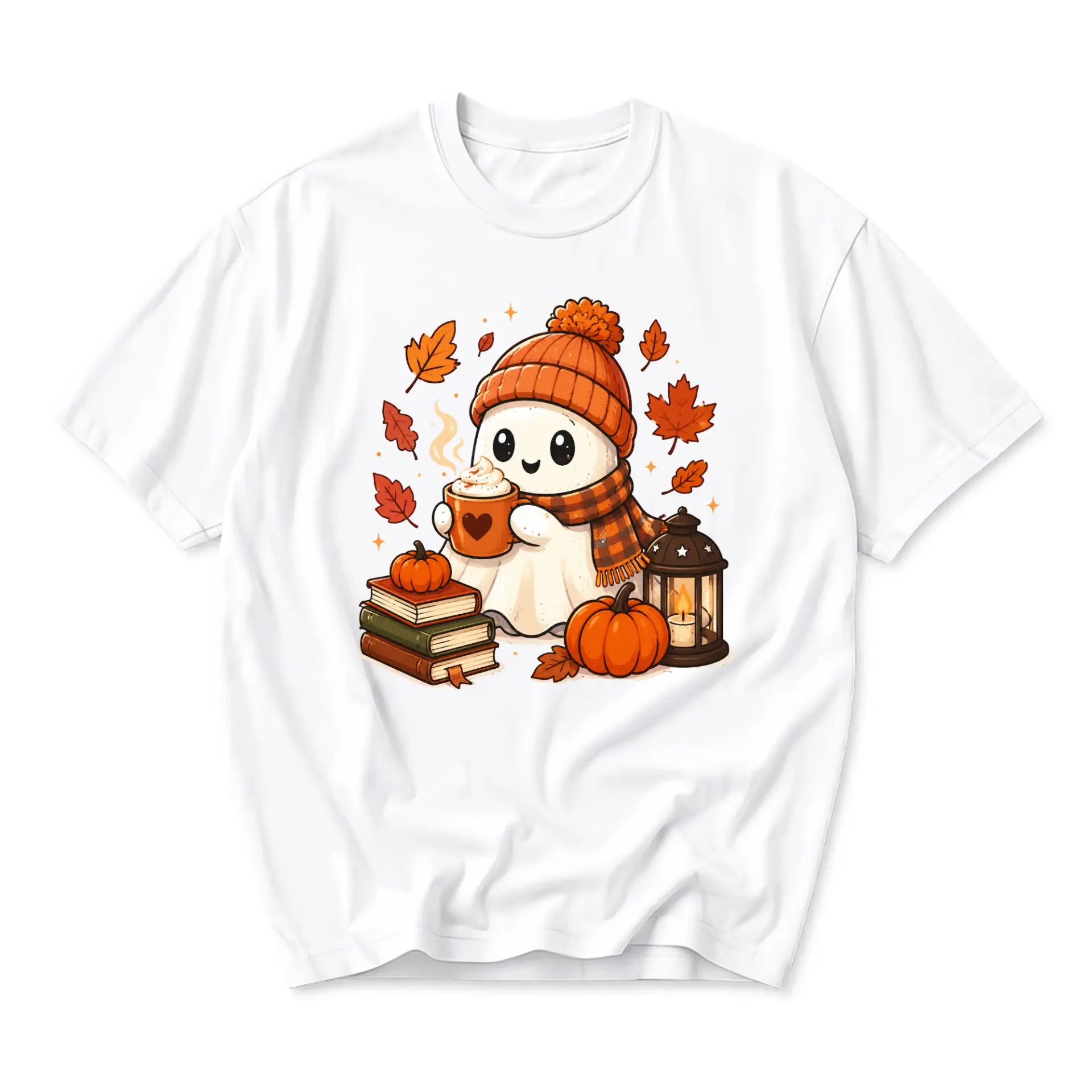 Graphic Tee Unisex Crew Neck Short Sleeve Shirt Featuring Cute Autumn Ghost Drinking Warm Coffee with Fall Decorations