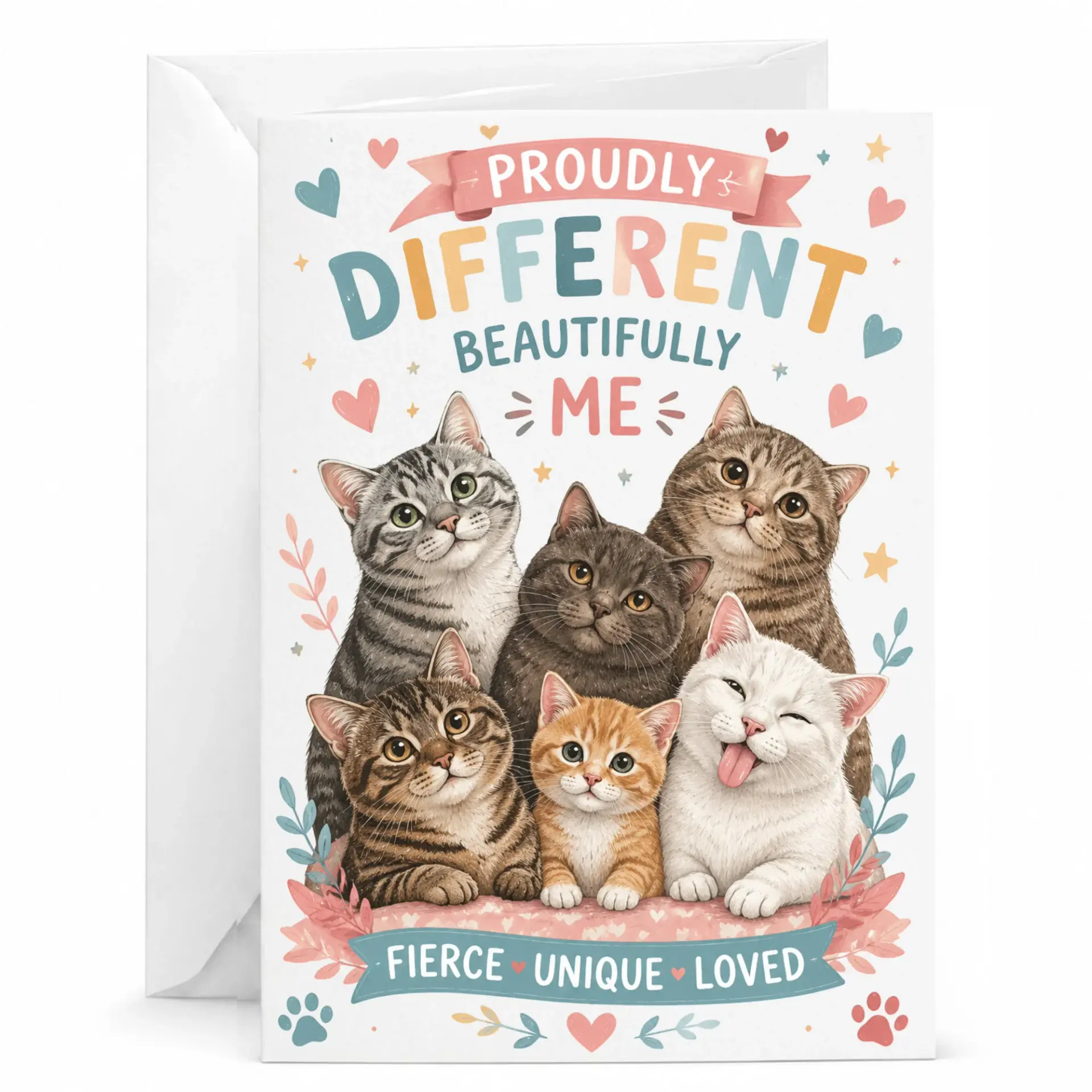 Greeting Card Proudly Different Beautifully Me Featuring Cute Illustrated Cats for Birthday or