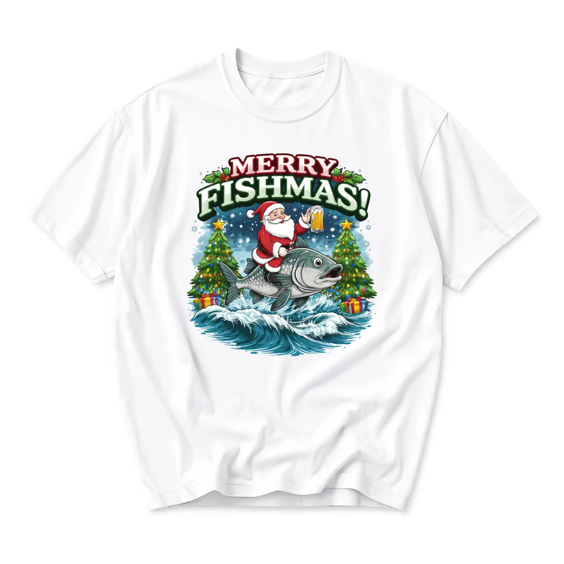 Funny Shirt Merry Fishmas Santa Riding a Giant Fish Graphic Tee for Holiday Season Casual Everyday Wear Crew Neck Top
