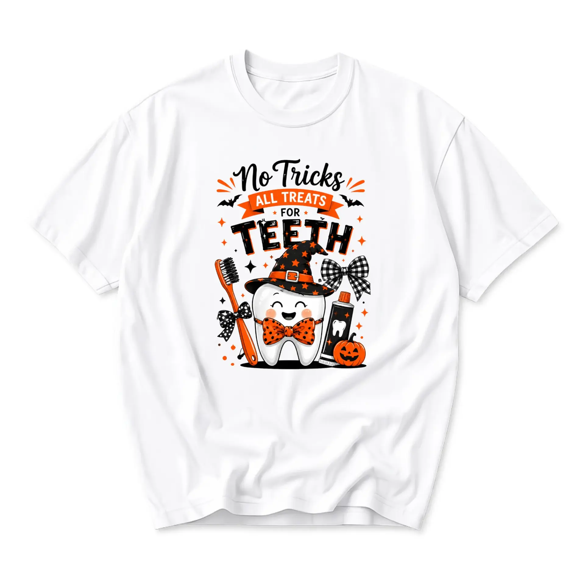 Funny Shirt No Tricks All Treats for Teeth Graphic Tee Unisex Halloween Dental Theme Crew Neck Casual Cotton Top