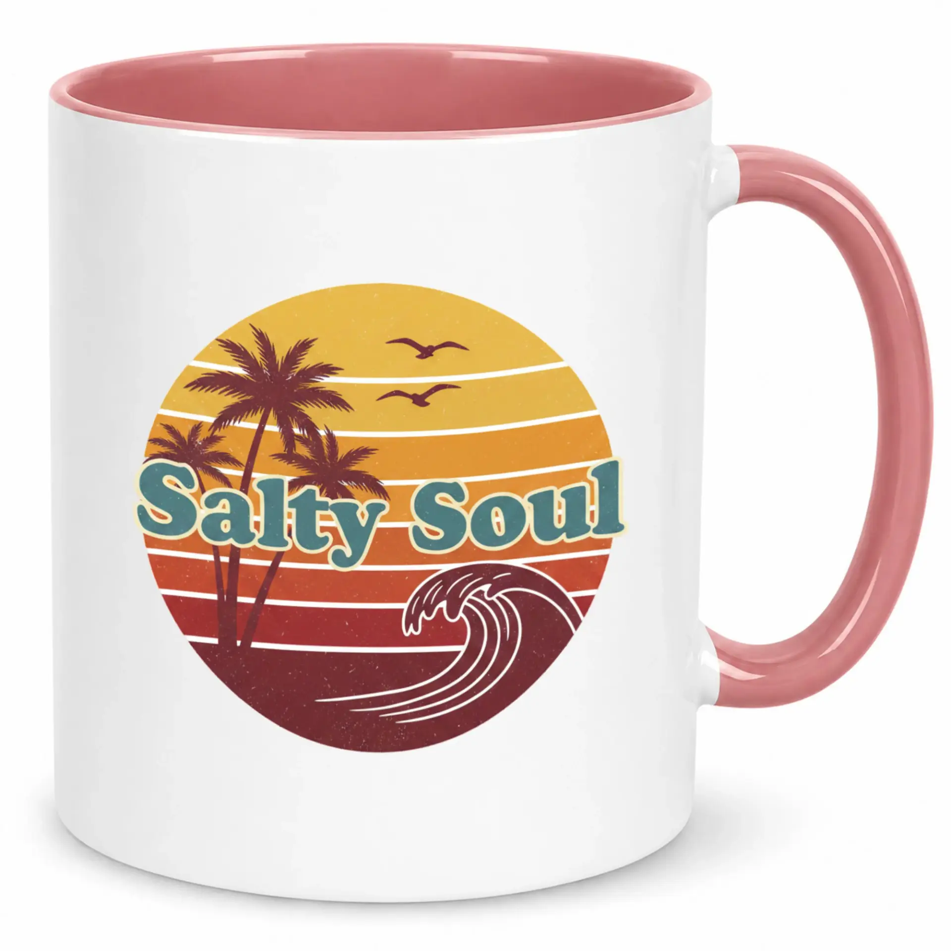 Salty Soul Ceramic Coffee Mug with Retro Sunset Beach Palm Tree and Ocean Wave Design for Beach Lovers and Drinkware