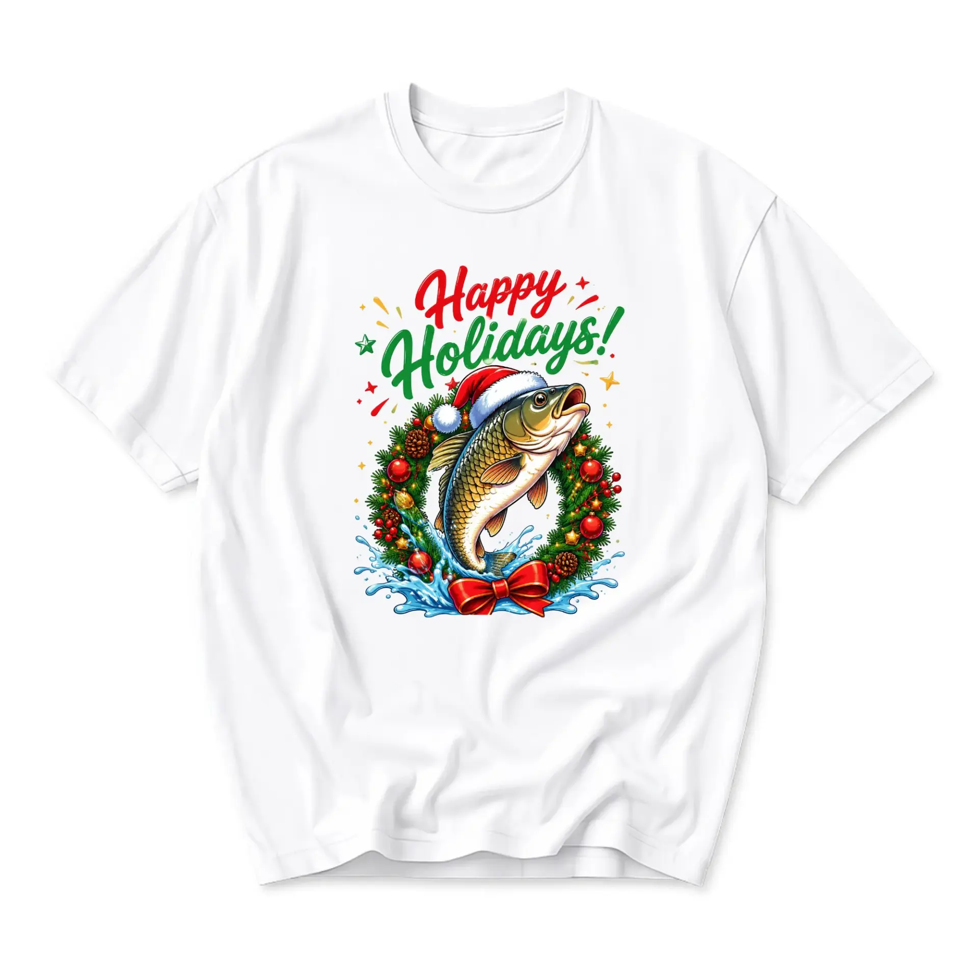 Funny Shirt Happy Holidays Fish Christmas Graphic Tee Seasonal Casual Crew Neck Unisex Cotton Blend T-Shirt