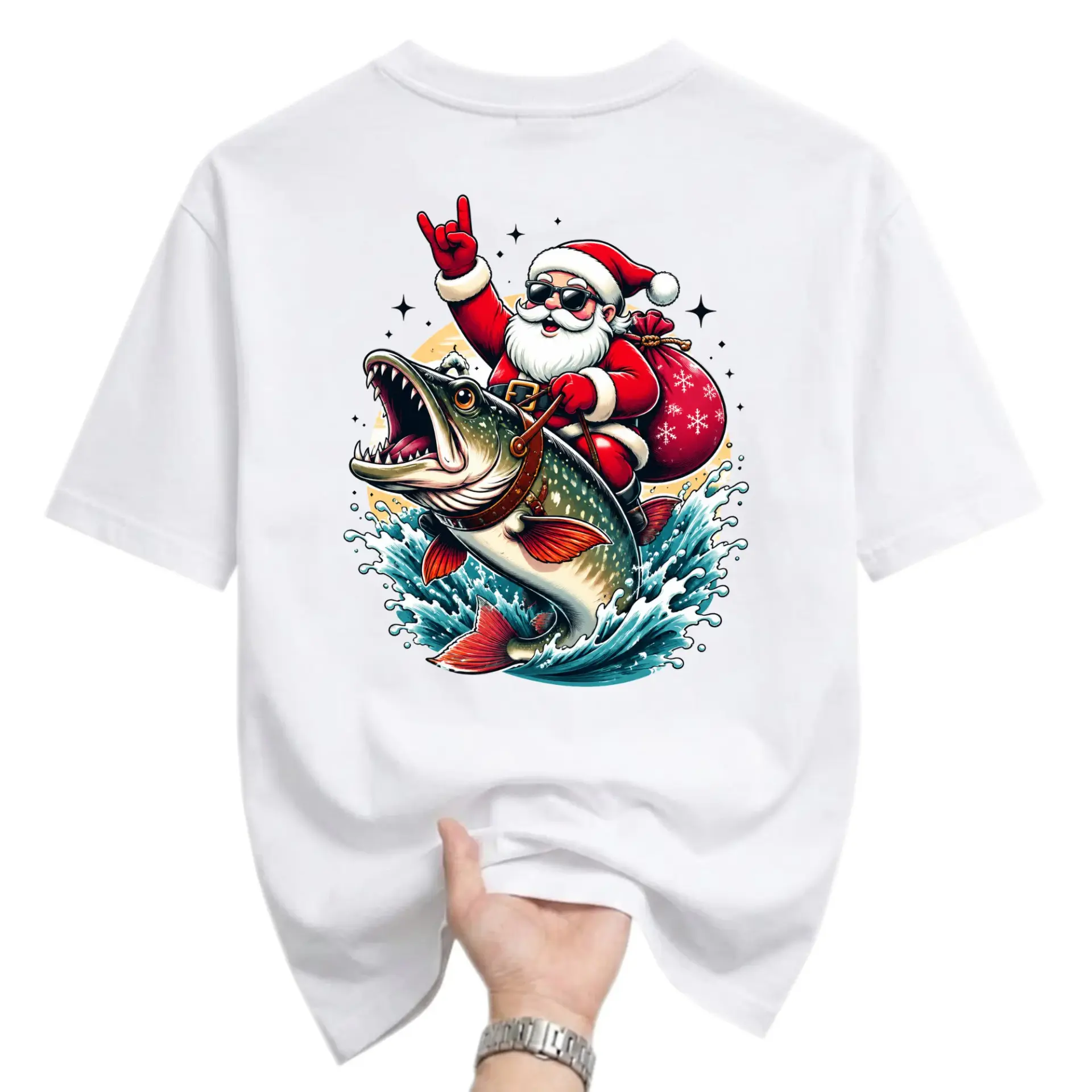 Funny Shirt Santa Claus Riding a Giant Fish Graphic Tee Cool Christmas