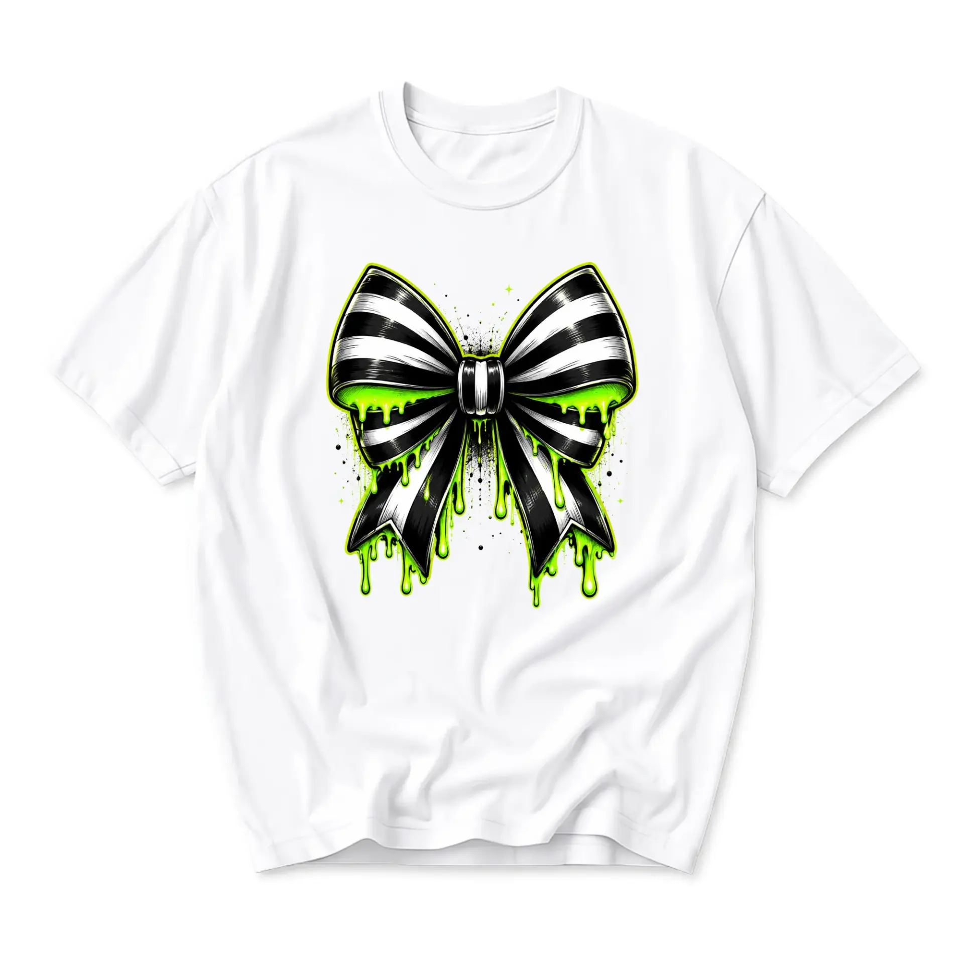 Graphic Tee Unisex Black and White Striped Bow Drip Design Trendy Casual Cotton Blend Short Sleeve Shirt