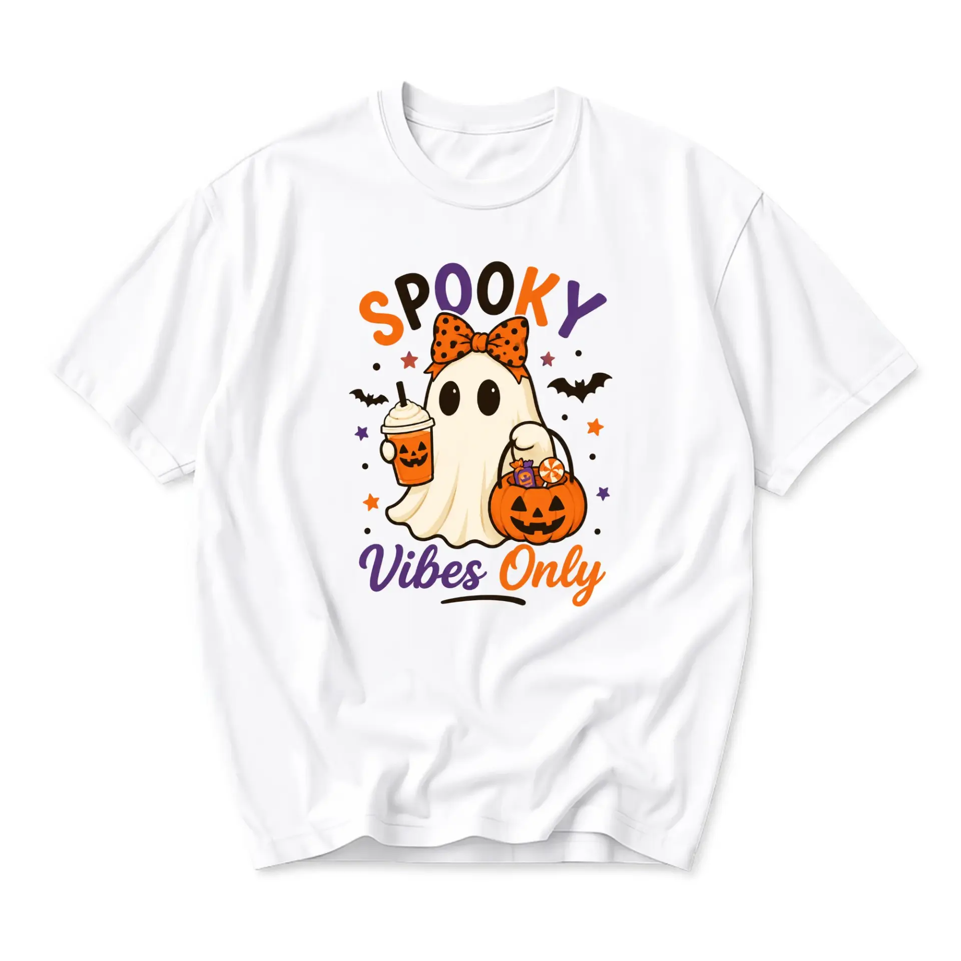 Graphic Tee Spooky Vibes Only Shirt Cute Ghost Pumpkin Halloween Apparel Unisex Cotton Casual Crew Neck Short Sleeve