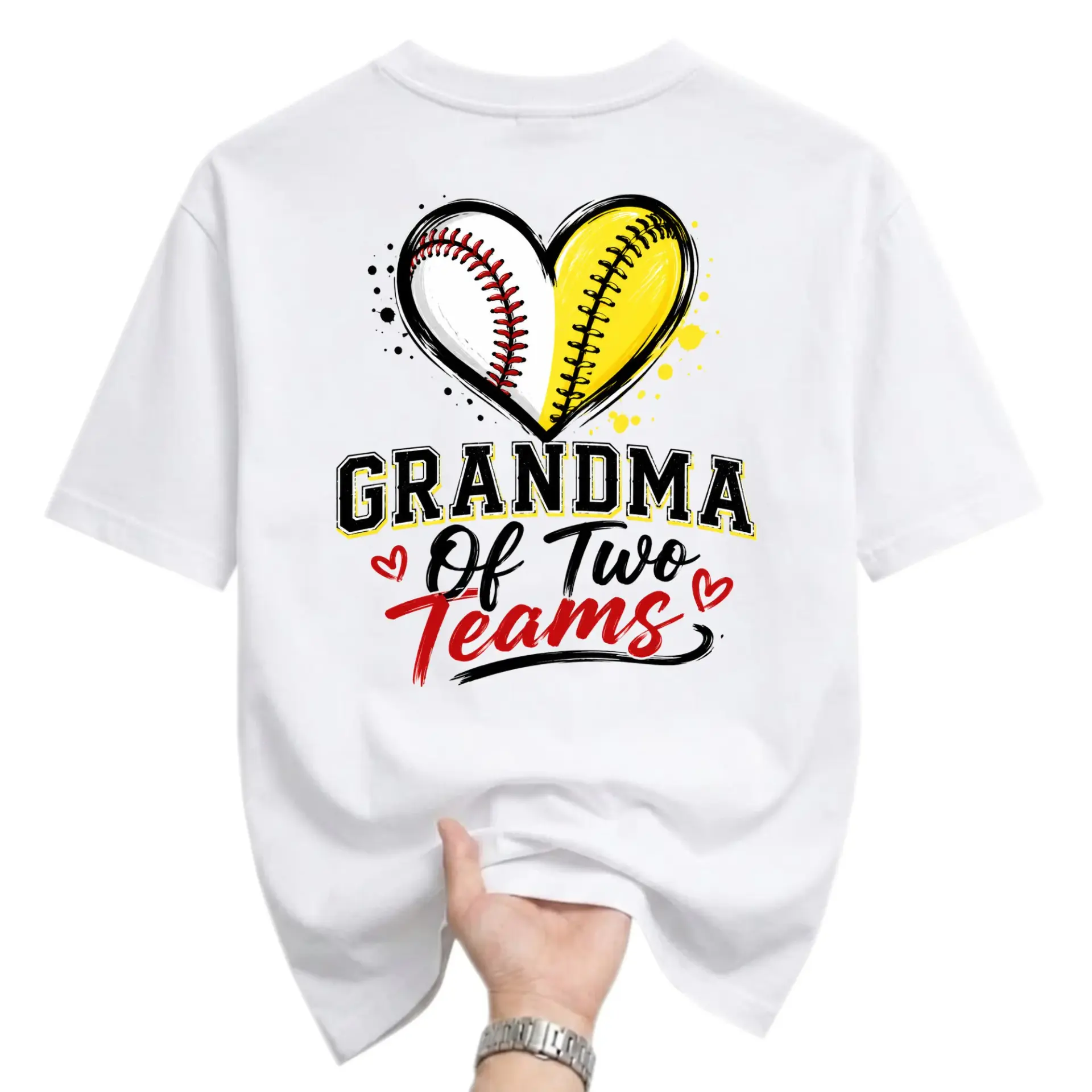 Graphic Tee Grandma of Two Teams Heart Baseball and Softball Sports Shirt Unisex Crew Neck Everyday Casual Apparel