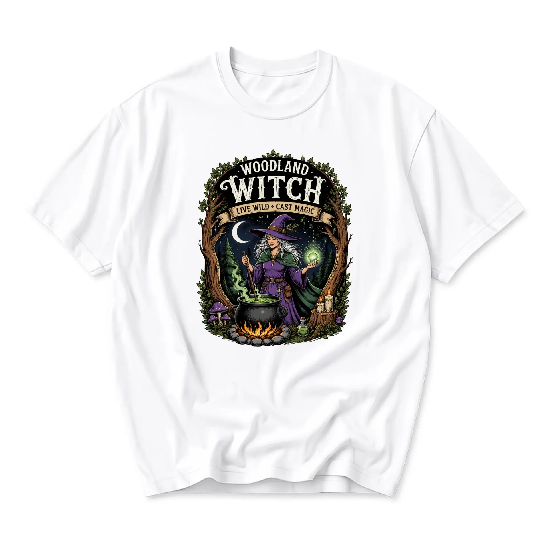 Graphic Tee Woodland Witch Live Wild Cast Magic Art Print Unisex Cotton Crew Neck Casual Short Sleeve Everyday Shirt