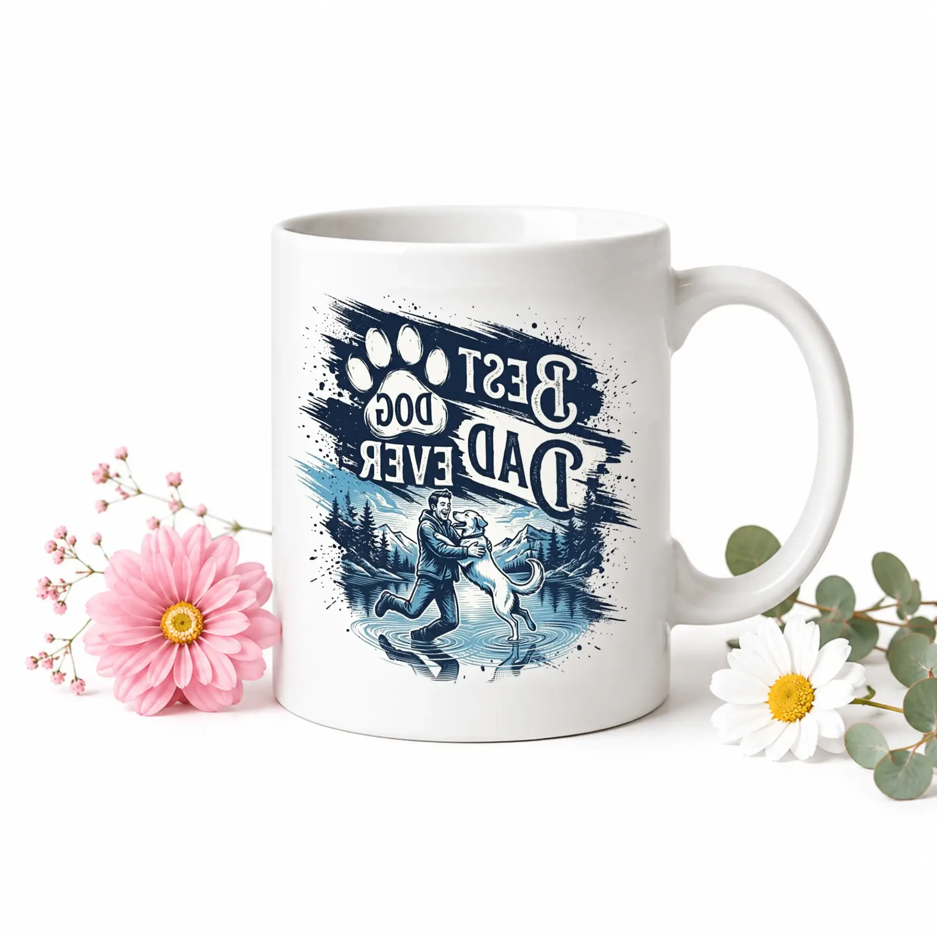 Best Dog Dad Ever Ceramic Mug with Blue Accent Handle for Coffee Tea Beverage Drinkware Pet Owners and Lovers