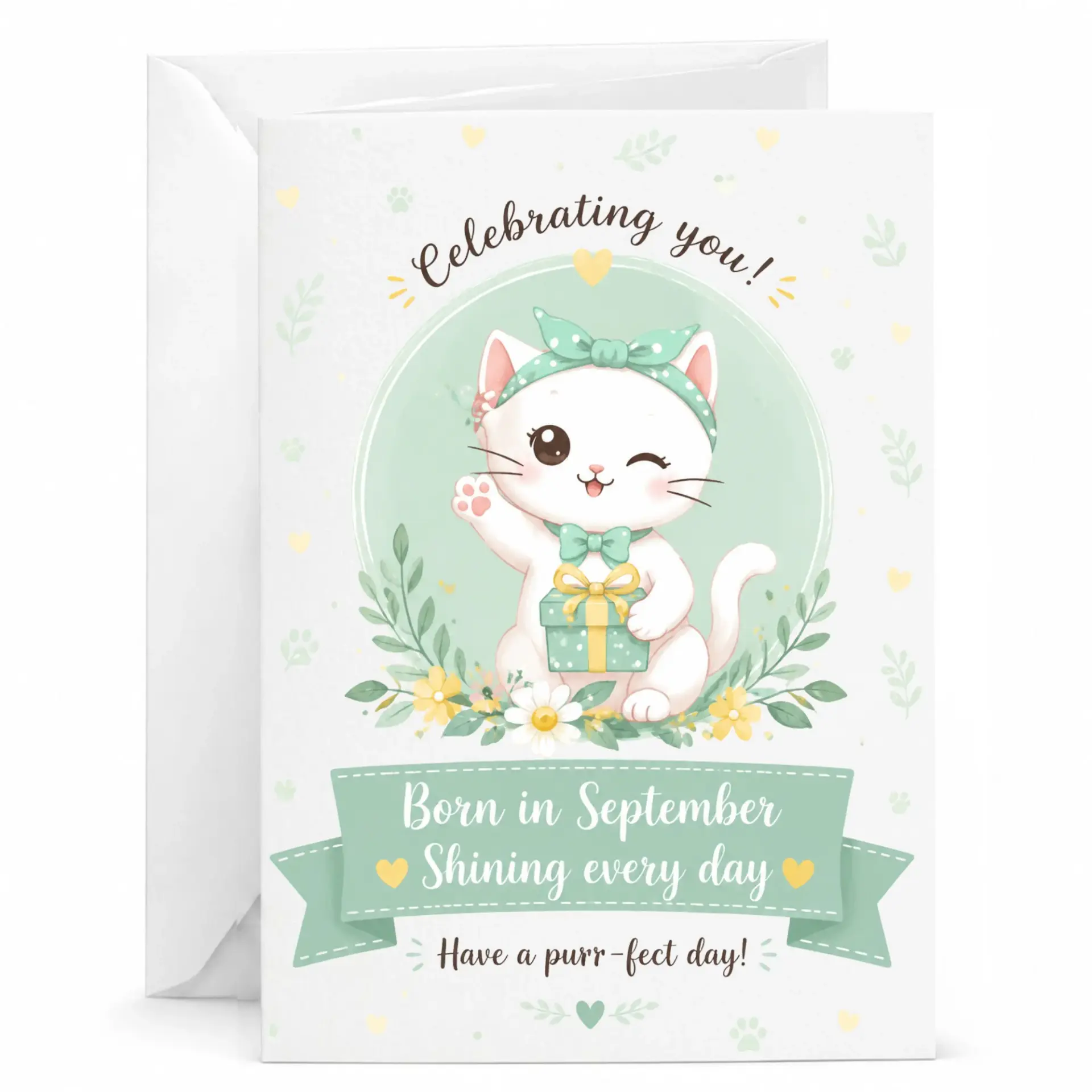 Birthday Card Celebrating September Born Cat Lover Cute Whimsical Illustrated Greeting Card for Friends and Family
