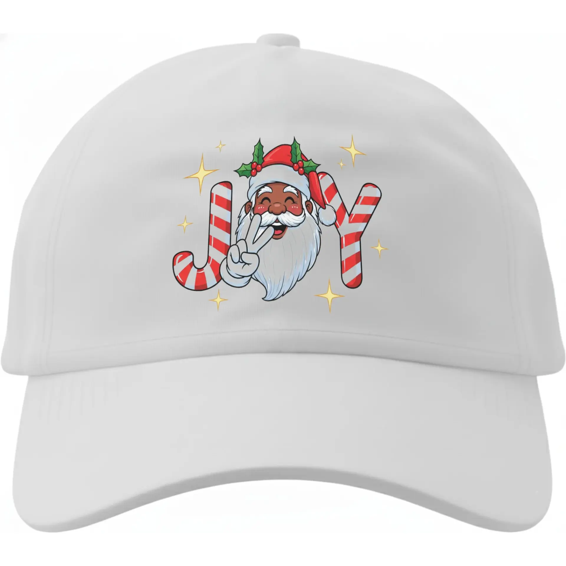Baseball Cap Festive Holiday Santa Joy Design White Cotton Hat with Pre-Curved Visor for Casual Outdoor Everyday Wear