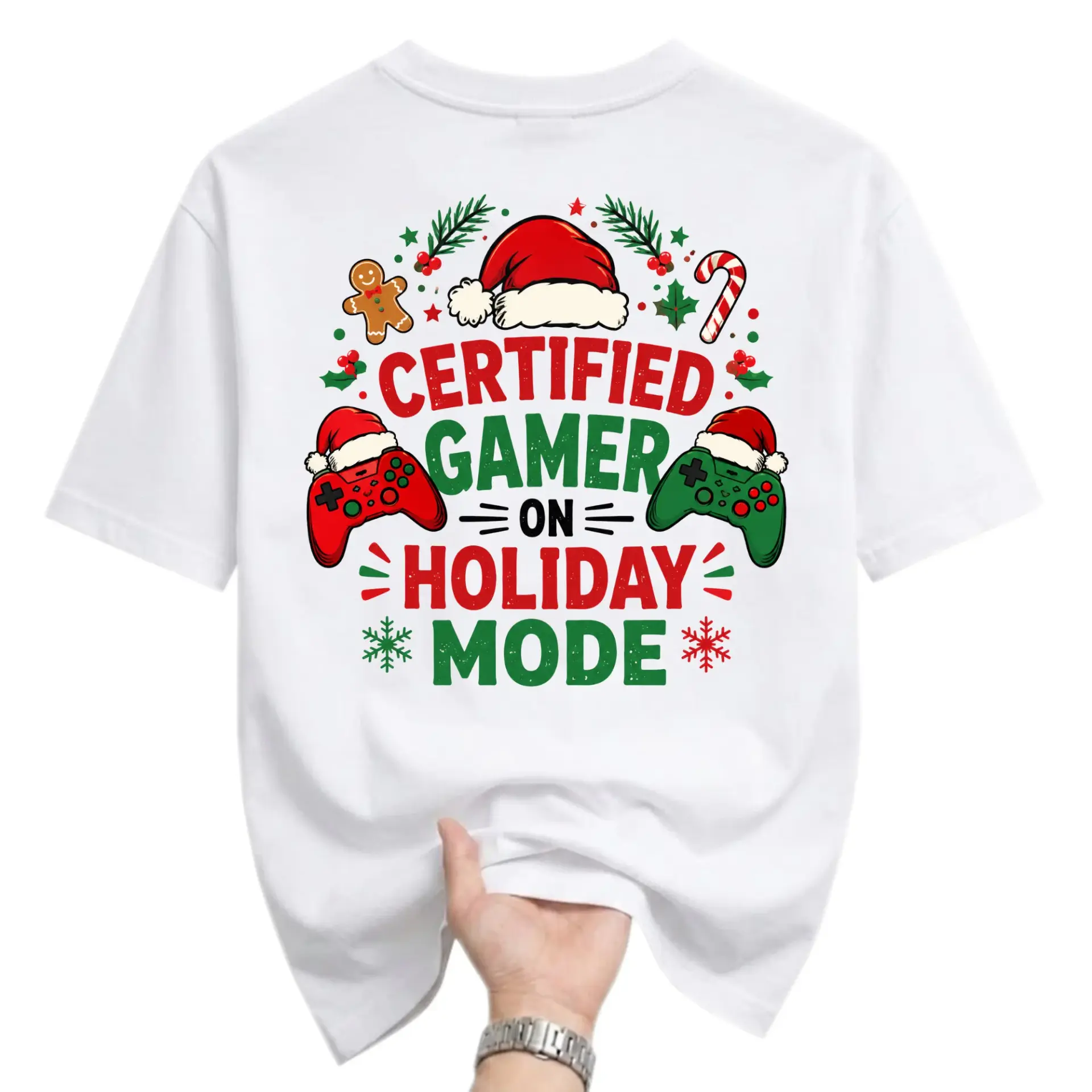 Funny Shirt Certified Gamer on Holiday Mode Christmas Video Game Graphic Tee Unisex Casual Short Sleeve Cotton Top