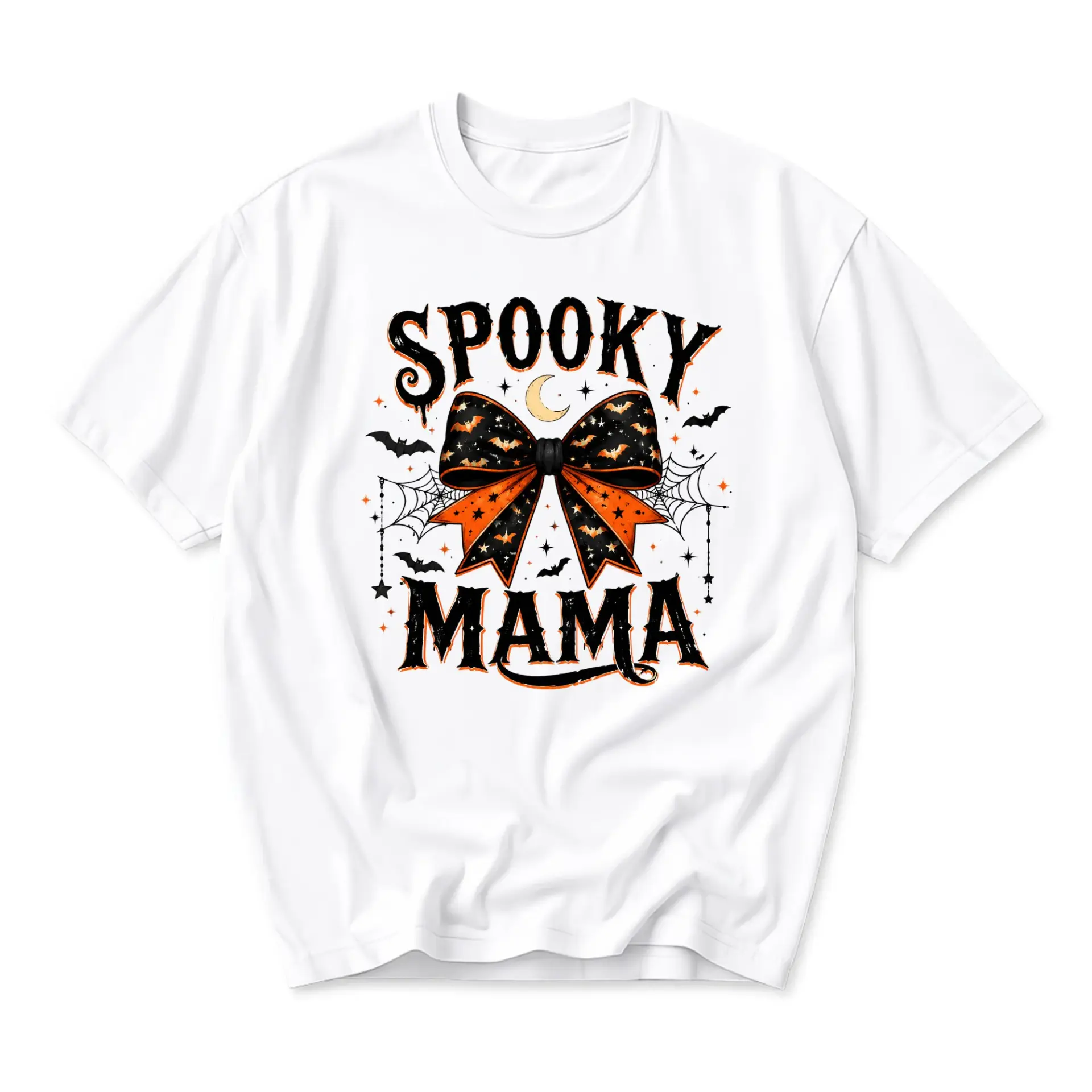 Funny Shirt Spooky Mama Halloween Graphic Tee Aesthetic Ribbon Bat Cobweb Print Unisex Casual Crew Neck T-Shirt
