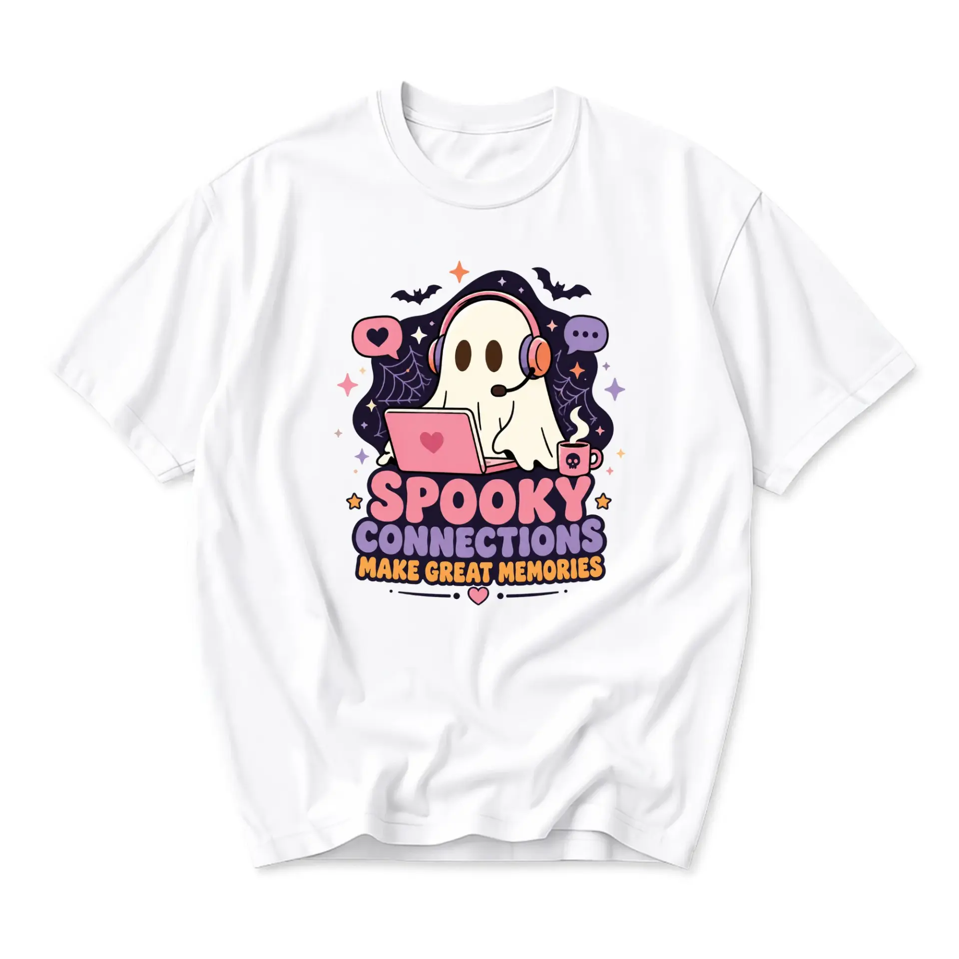 Graphic Tee Spooky Connections Gamer Ghost Print Unisex Cotton Crew Neck Short Sleeve Casual Everyday T-Shirt Top