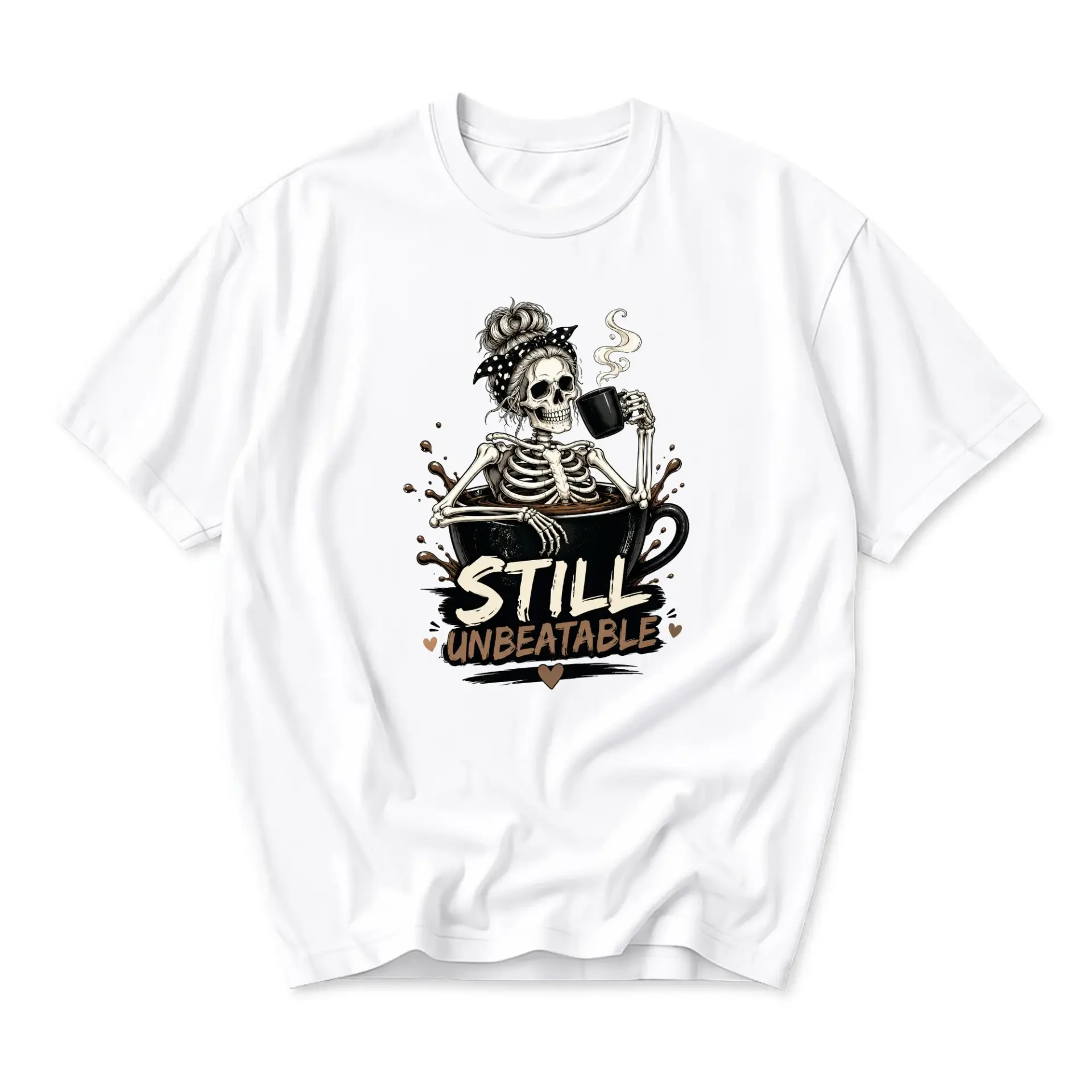 Funny Shirt Still Unbeatable Skeleton Drinking Coffee Graphic Tee Unisex Casual Crew Neck Comfortable Cotton Blend