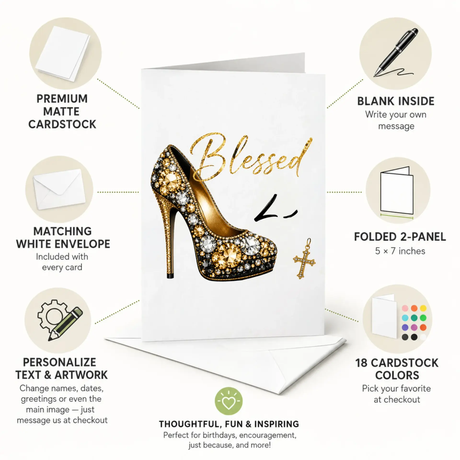 Blessed Fashion Stiletto High Heel Greeting Card with Gold Accents and Rhinestone Style Decorative Artwork