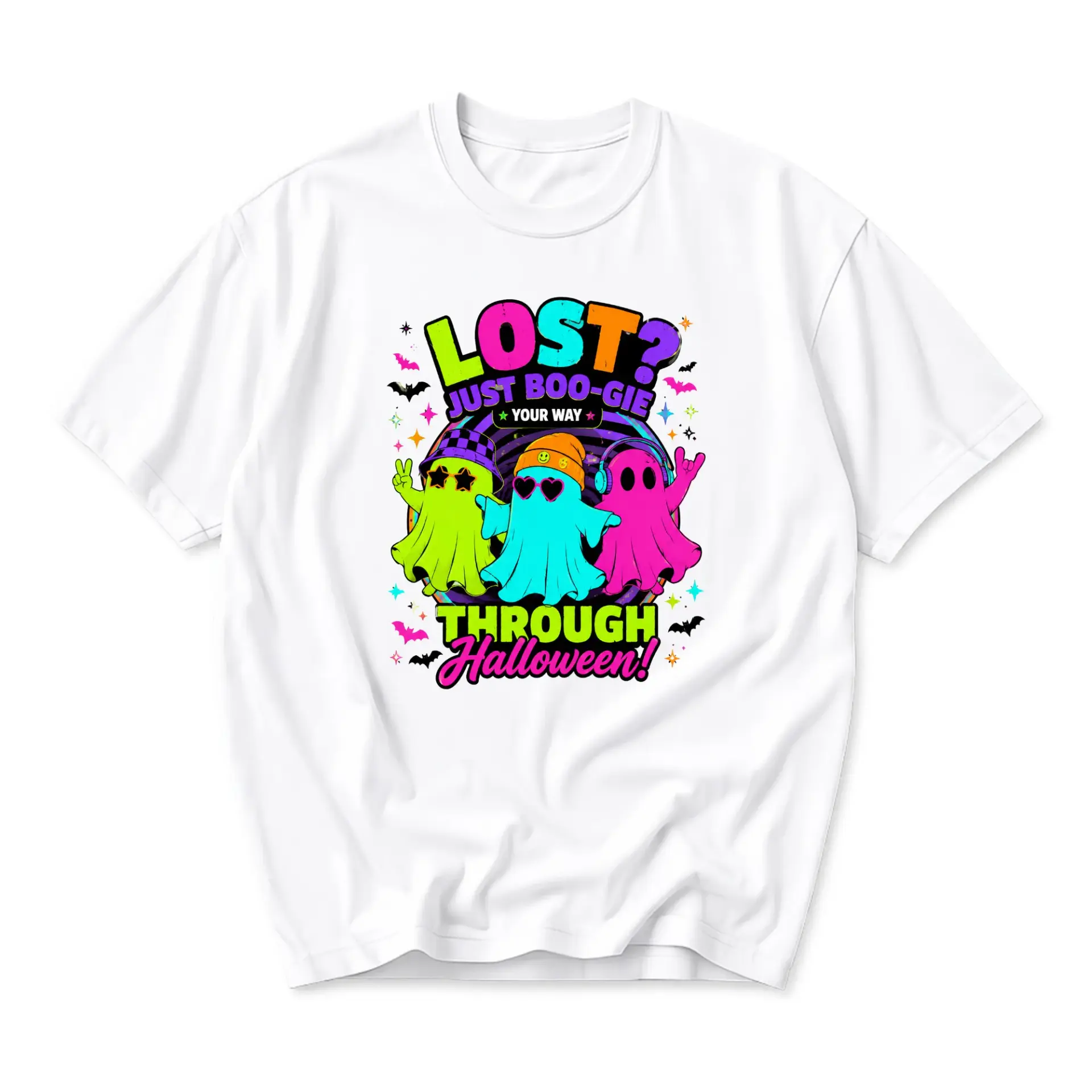 Graphic Tee Lost Just Boo-Gie Through Halloween Spooky Ghost Print Unisex Cotton Crew Neck Short Sleeve Casual Shirt