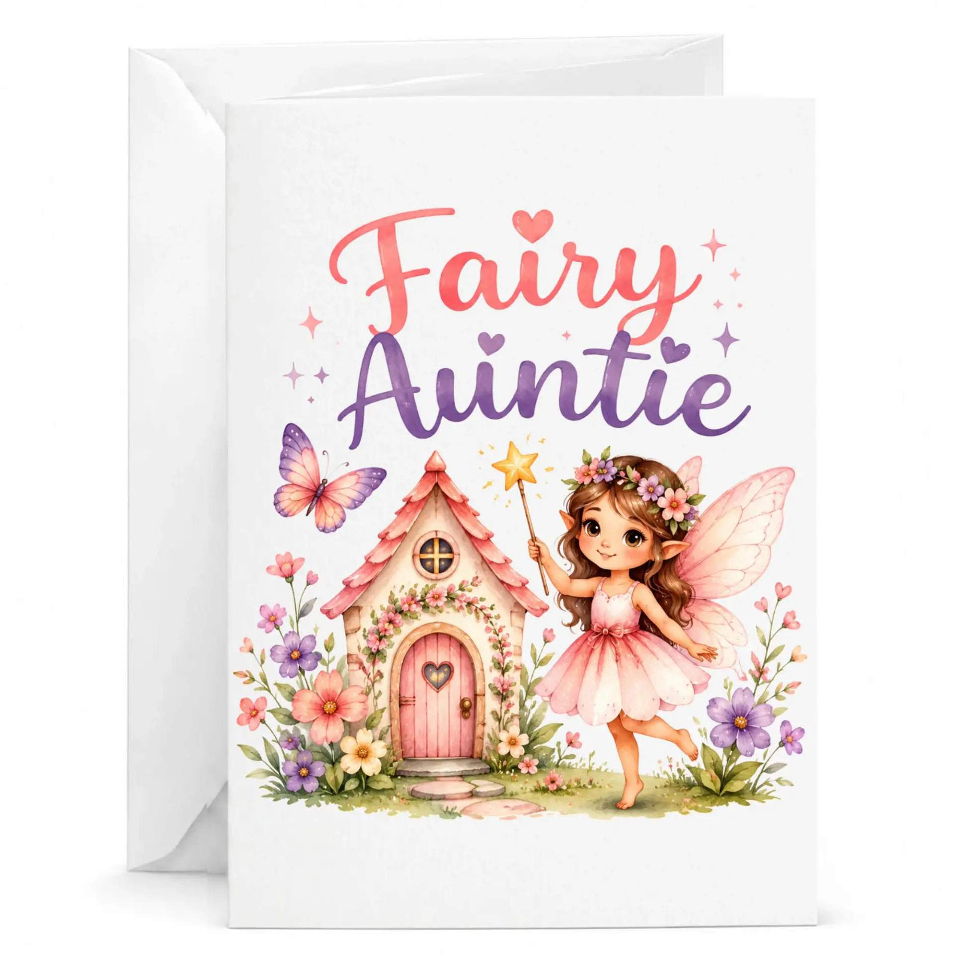 Fairy Auntie Greeting Card Whimsical Illustrated Magical Theme for Special Loved Ones 5x7 Inches Folded Stationary