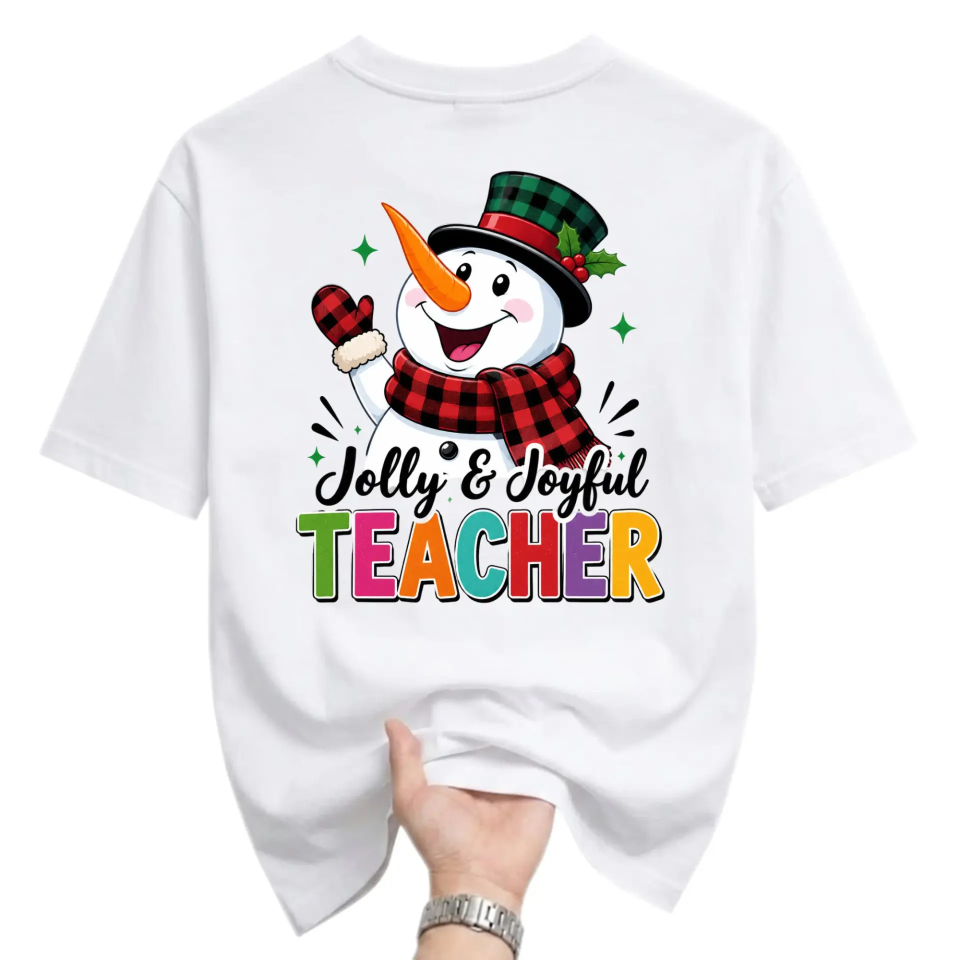 Graphic Tee Jolly and Joyful Teacher Snowman Print Unisex Crew Neck Casual Everyday Holiday Short Sleeve Shirt
