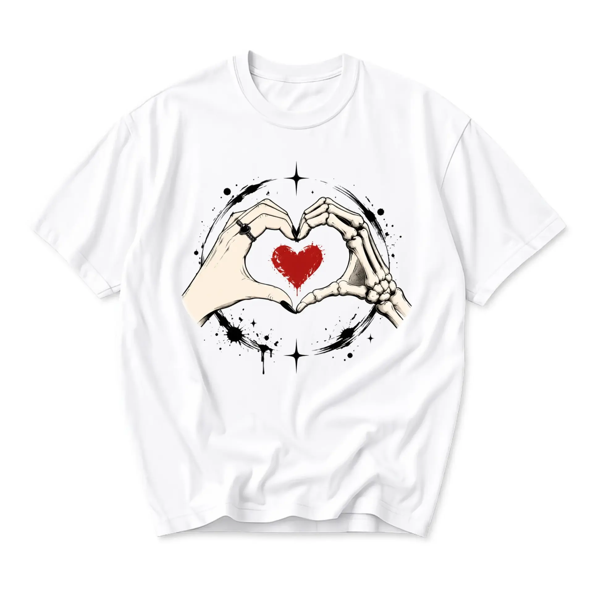 Graphic Tee Heart Hands Skeleton and Human Hand Illustration Printed Unisex Crew Neck Short Sleeve Casual Cotton Shirt