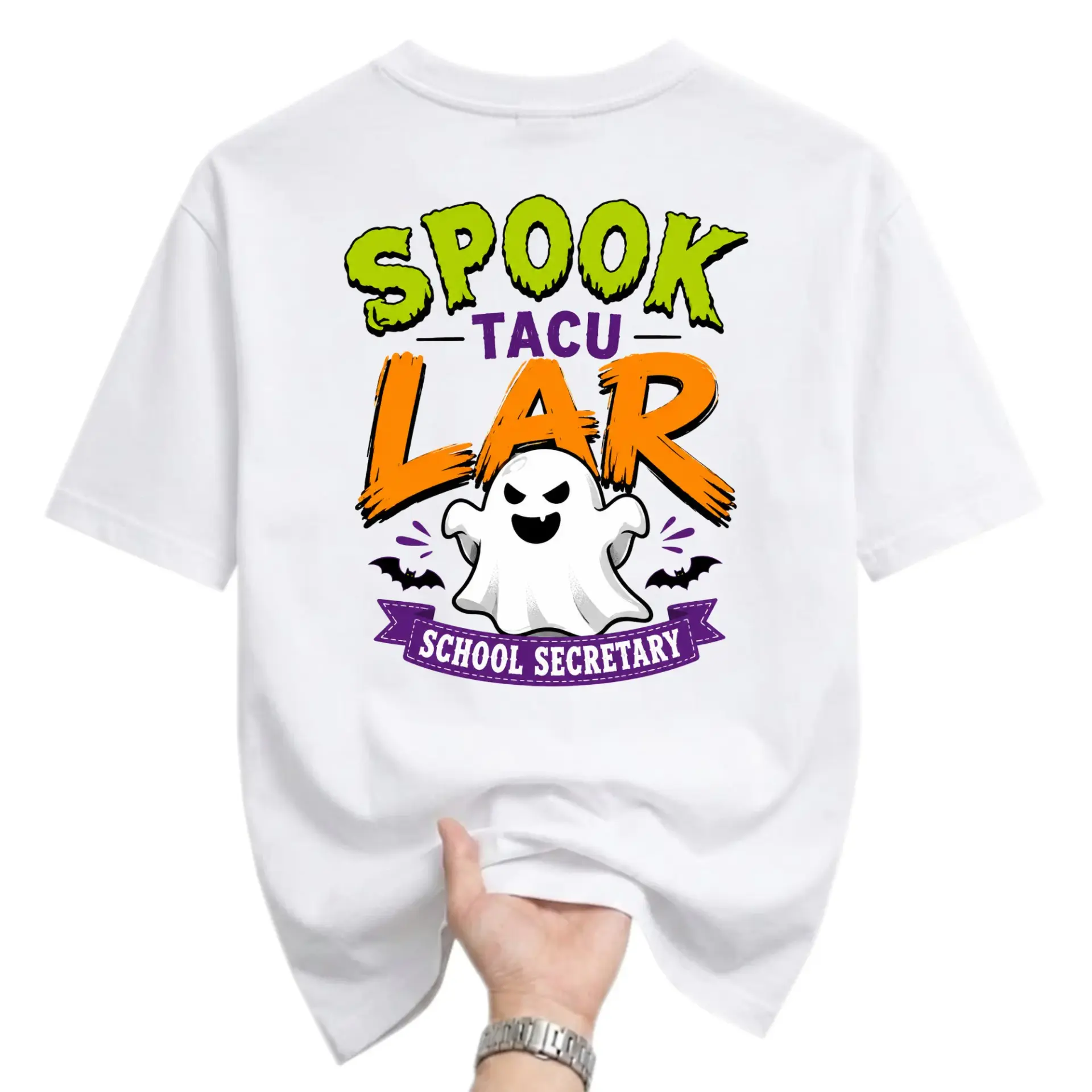 Funny Shirt Spooktacular School Secretary Graphic Tee Unisex Crew Neck Casual Cotton Blend Apparel for Holiday Season