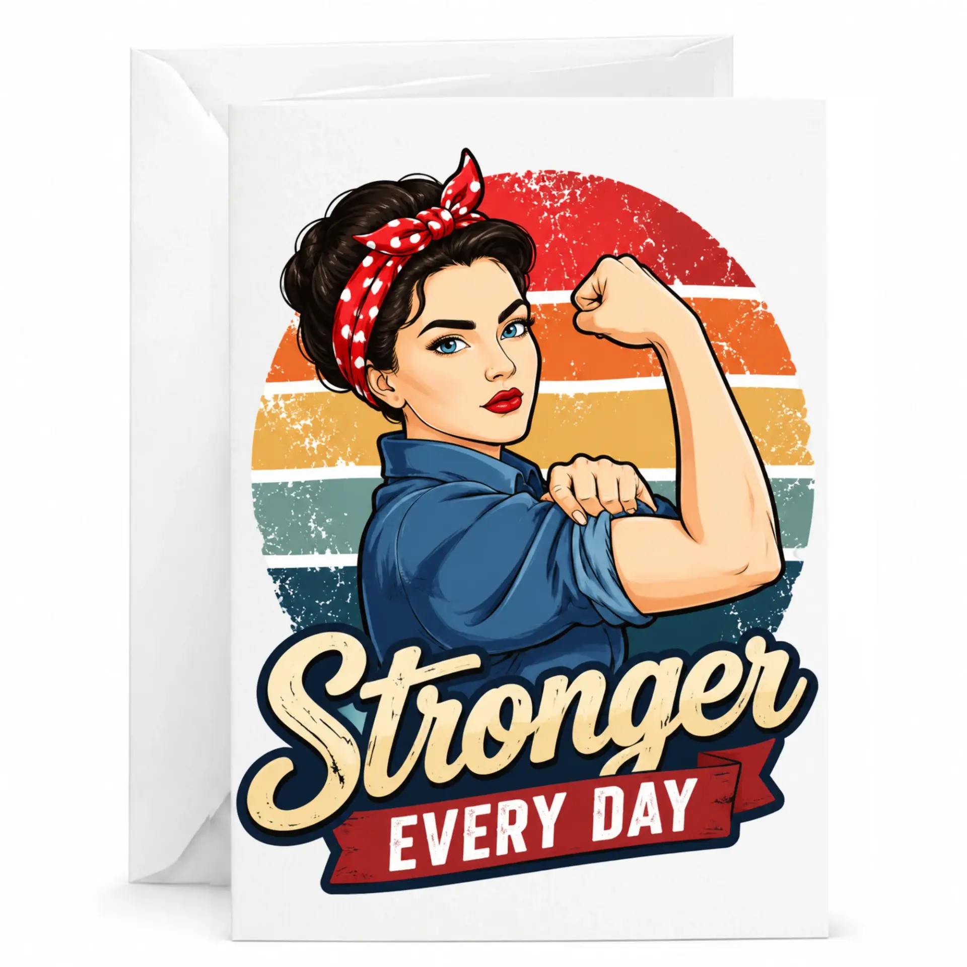 Stronger Every Day Motivational Greeting Card Featuring Retro Empowerment Illustration with Heavyweight Paper Finish