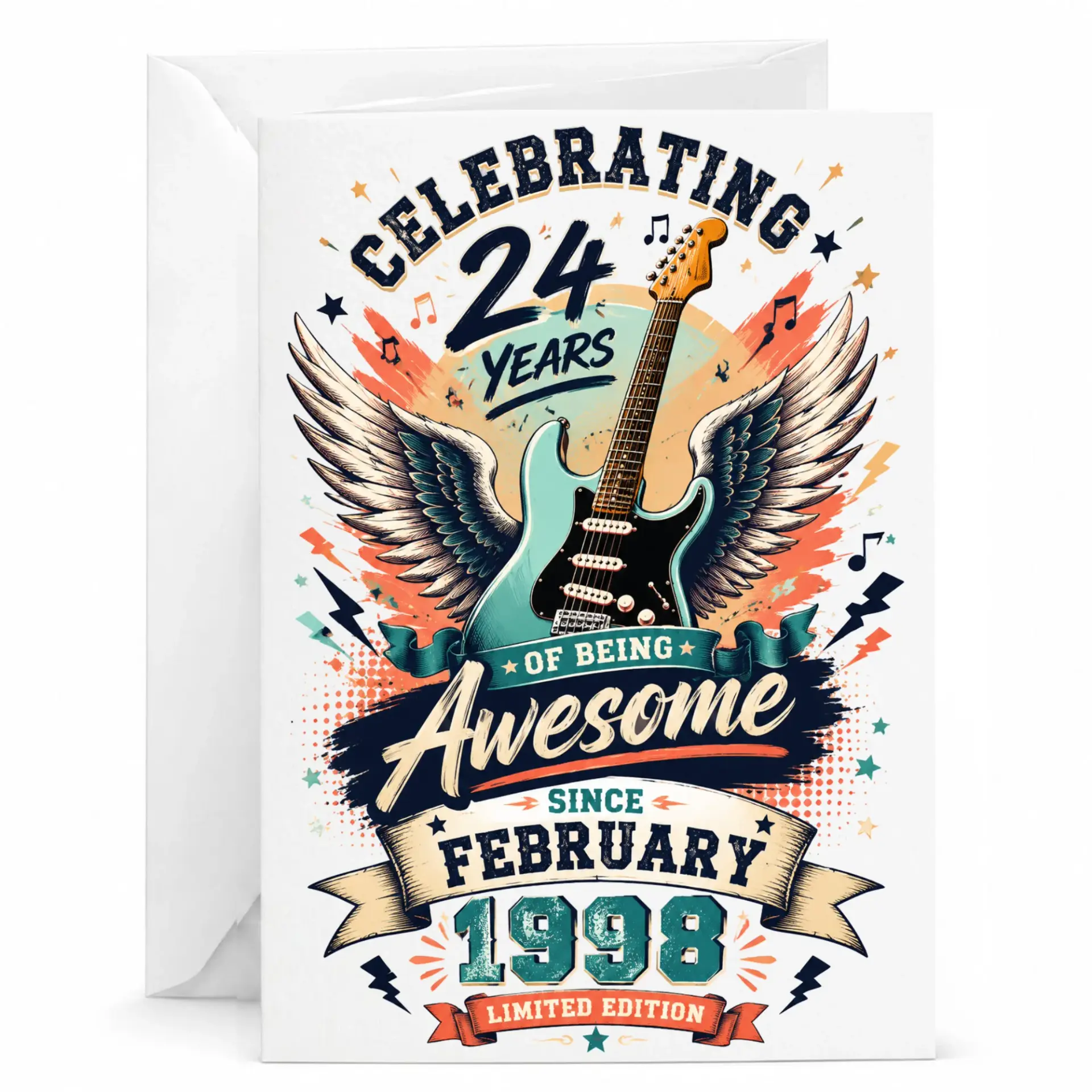 Birthday Card Celebrating 24 Years of Being Awesome Since February 1998 Rock Guitar Themed Greeting Card for Milestones