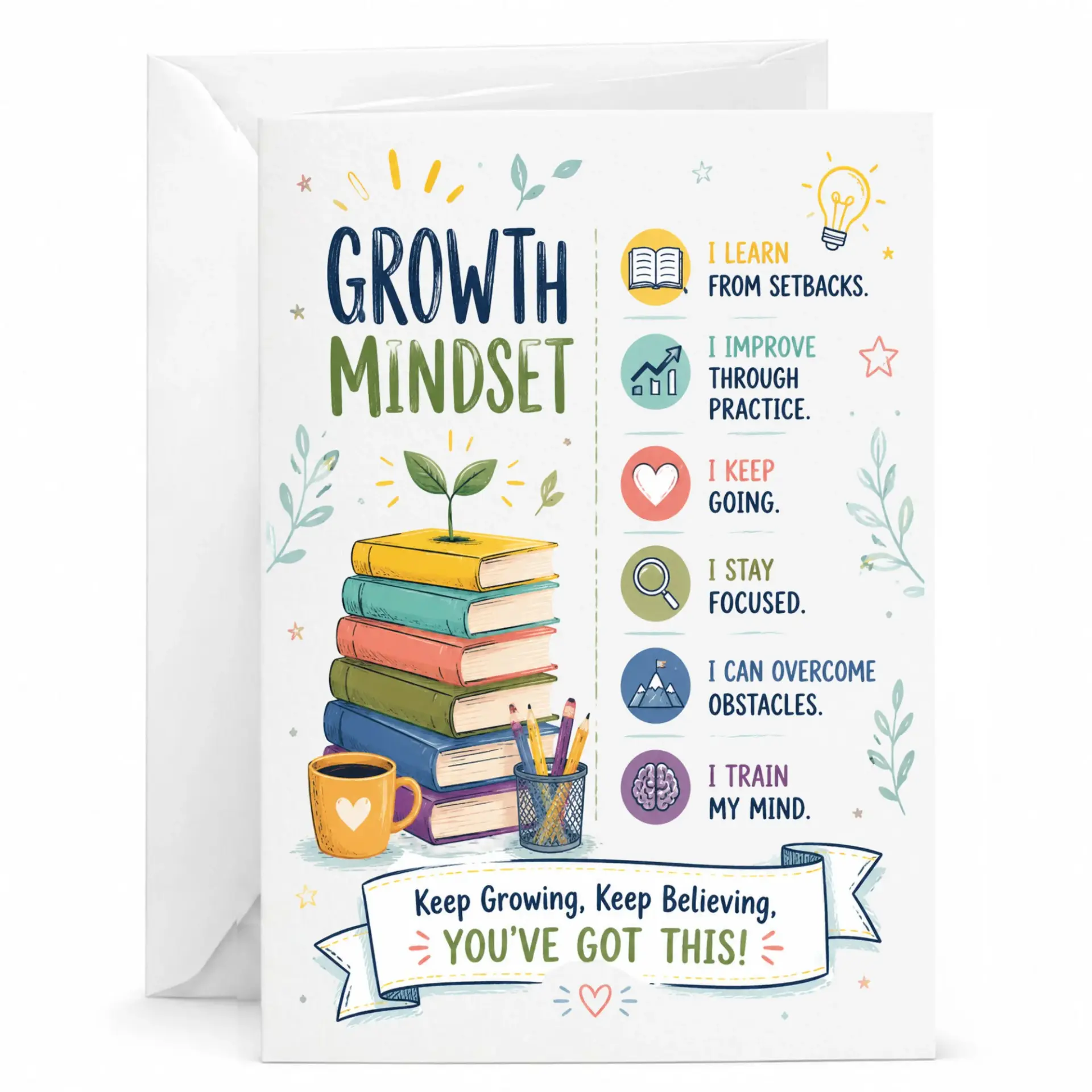 Inspirational Growth Mindset Greeting Card with Positive Affirmation Artwork and Matching White Envelope for Encouragement