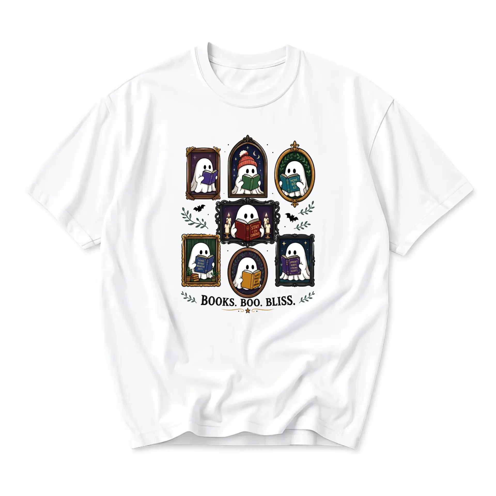 Graphic Tee Unisex Crew Neck Short Sleeve Shirt Featuring Cute Ghosts Reading Books in Decorative Ornate Frames