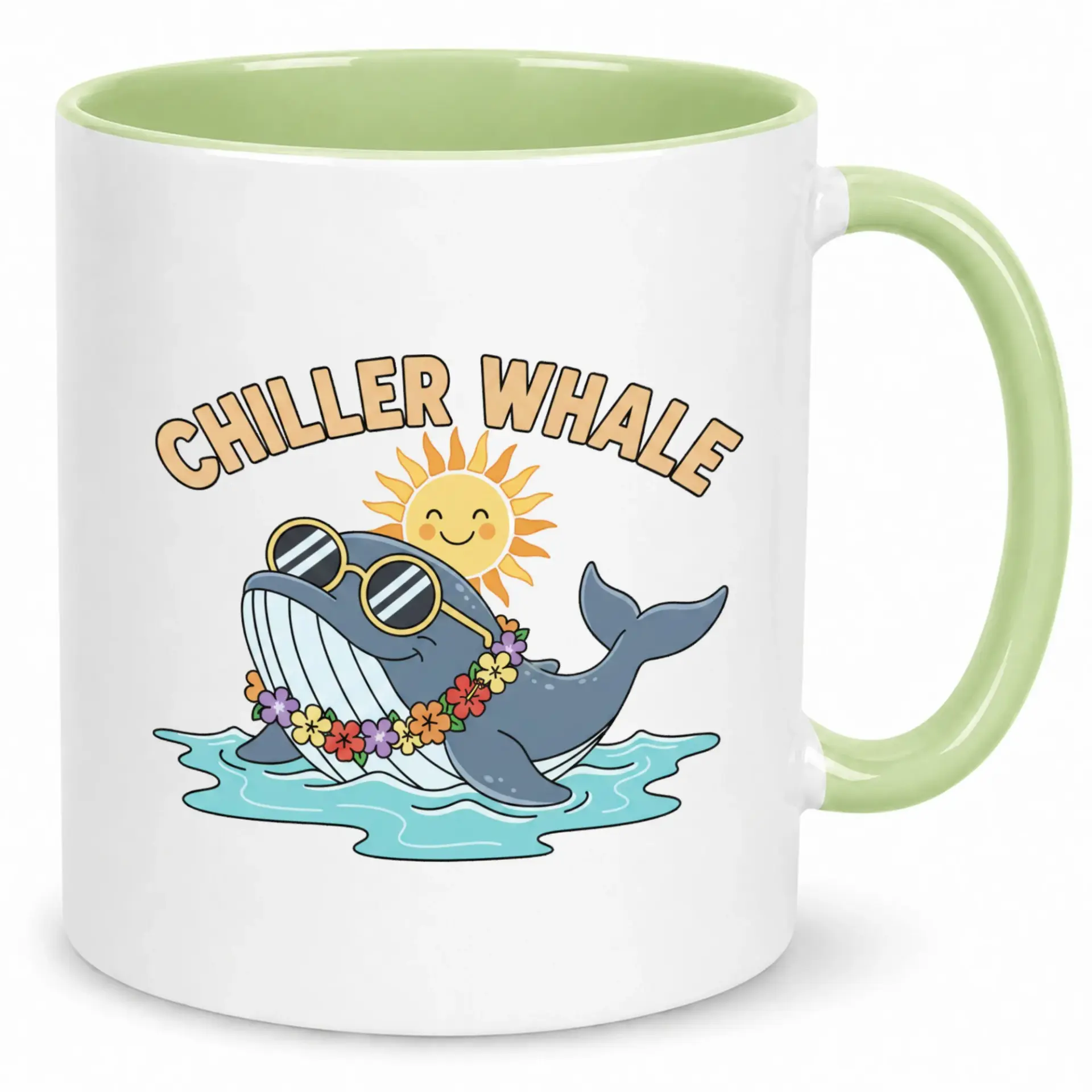 Funny Chiller Whale Ceramic Coffee Mug, Relaxed Ocean Animal Design with Sunglasses and Smiling Sun, Distinctive Drinkware Gift