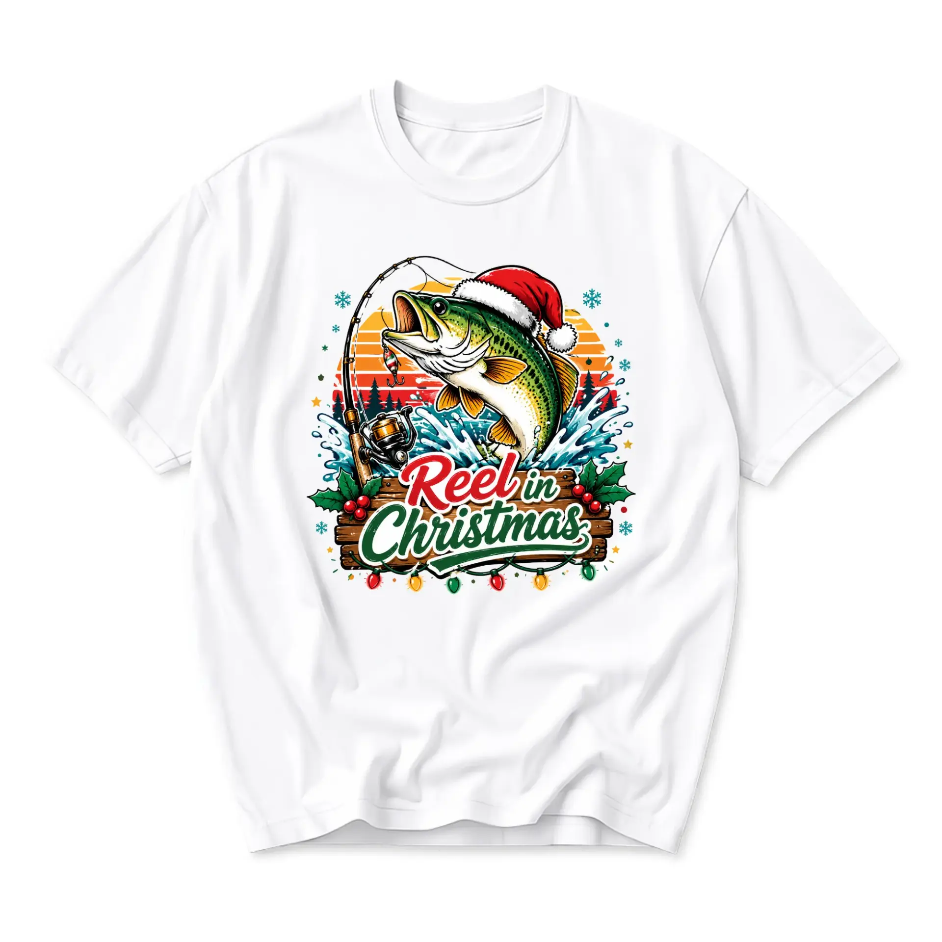Funny Shirt Reel in Christmas Graphic Tee Fishing Holiday Theme Unisex Crew