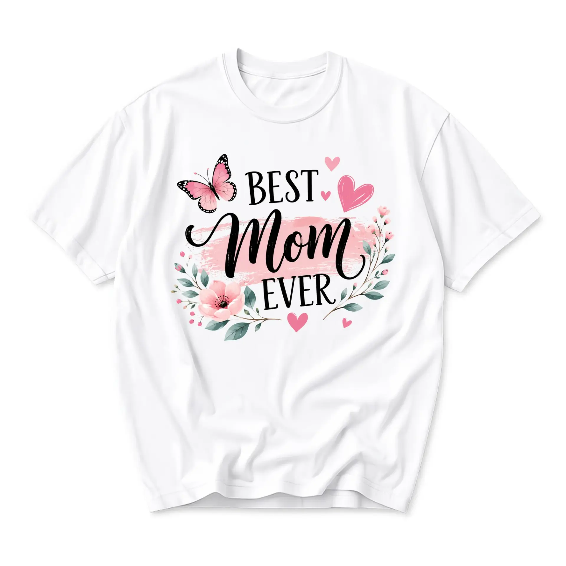 Graphic Tee Best Mom Ever Floral Butterfly Design Unisex Casual Crew Neck