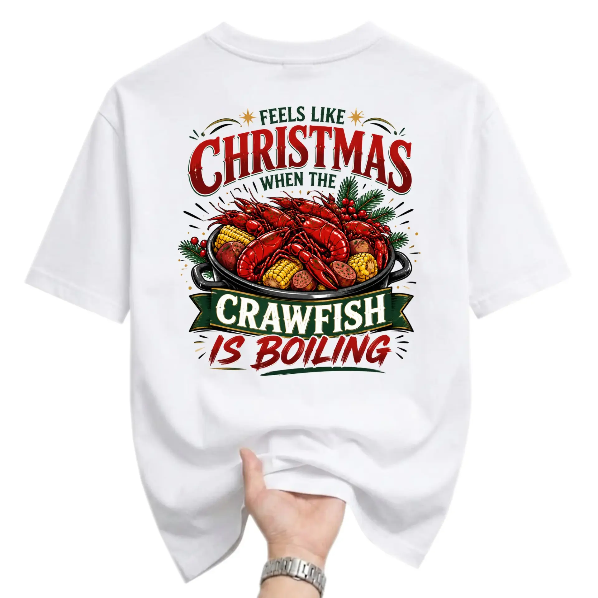 Graphic Tee Feels Like Christmas When the Crawfish Is Boiling Holiday Southern Seafood Lover Unisex Cotton Shirt