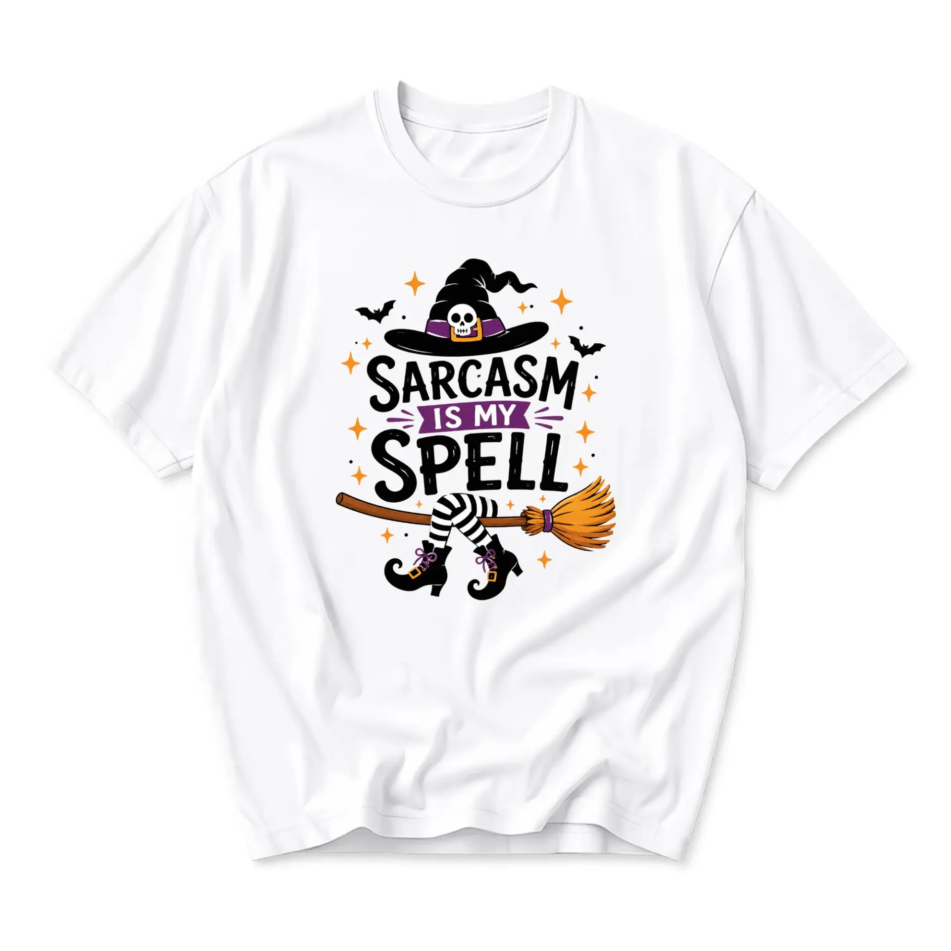 Funny Shirt Sarcasm Is My Spell Graphic Tee Witch Hat Broomstick Halloween Apparel for Casual Daily Wear Unisex