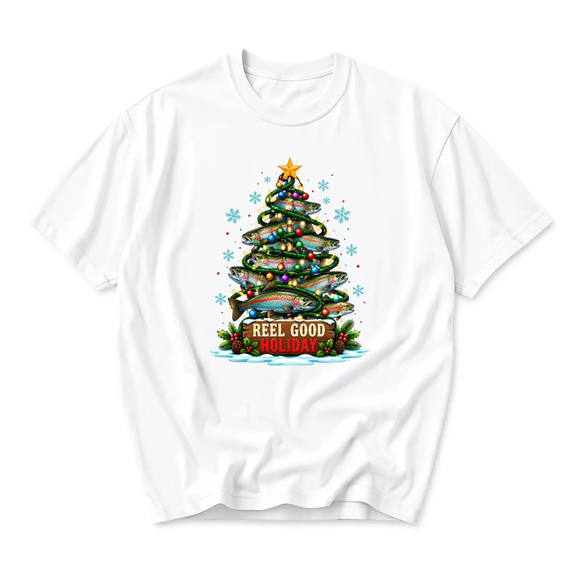 Funny Shirt Reel Good Holiday Fishing Christmas Tree Graphic Tee Unisex Casual Crew Neck Short Sleeve Cotton Top