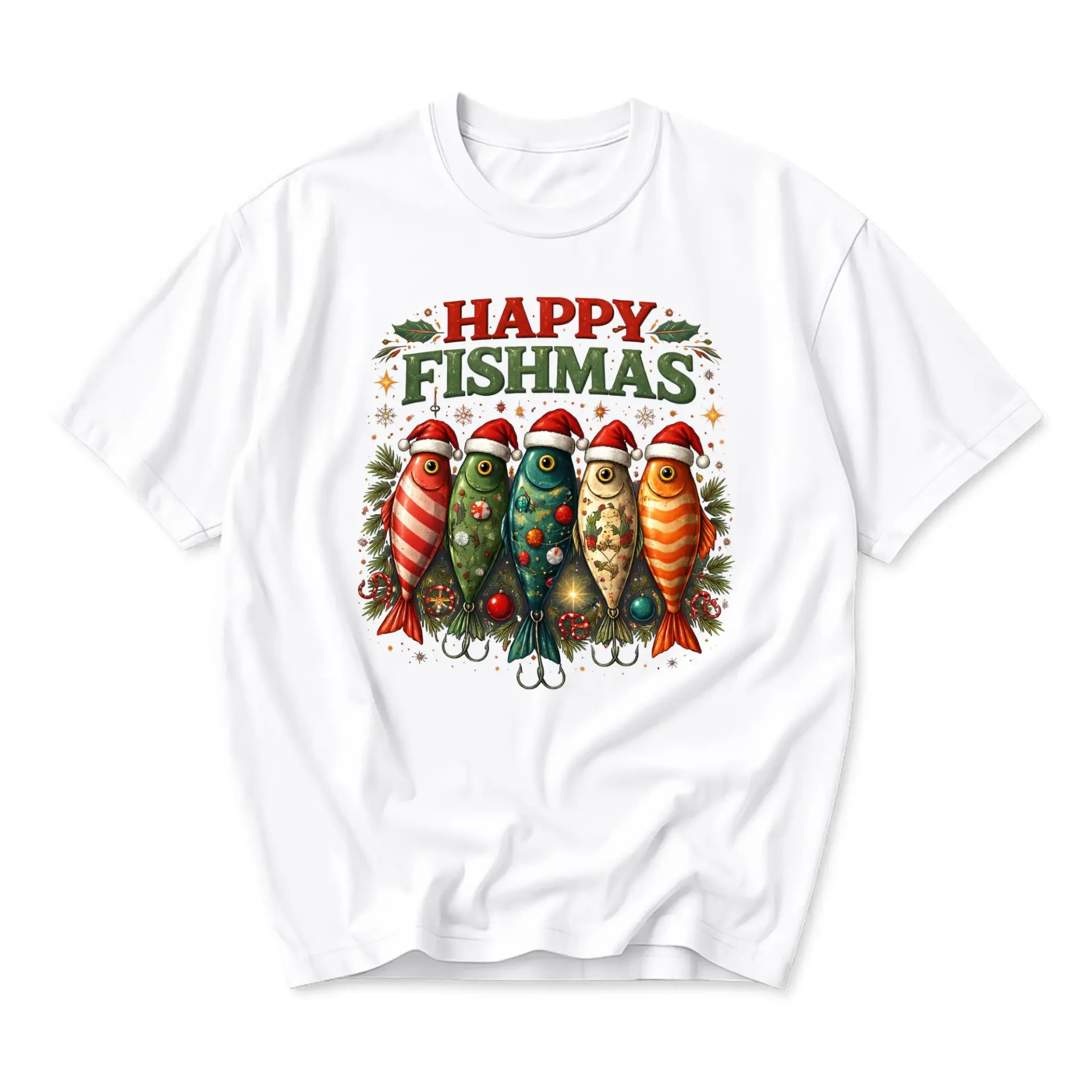 Funny Shirt Happy Fishmas Christmas Fishing Holiday Graphic Tee Unisex Short Sleeve Crew Neck Casual Cotton Top