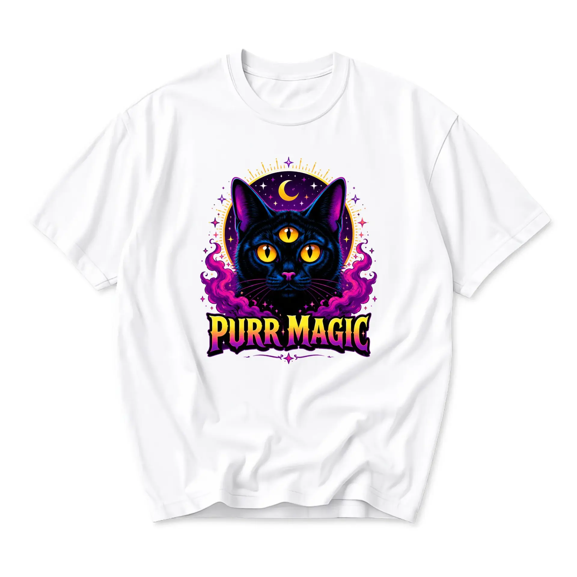 Graphic Tee Purr Magic Three Eyed Black Cat Artistic Design Unisex Short Sleeve Crew Neck Casual Cotton Shirt