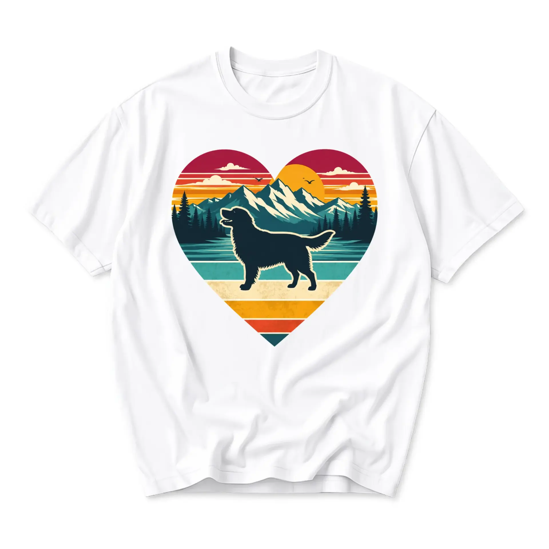 Graphic Tee Golden Retriever Mountain Sunset Heart Design Unisex Short Sleeve Crew Neck Cotton Casual Summer Shirt