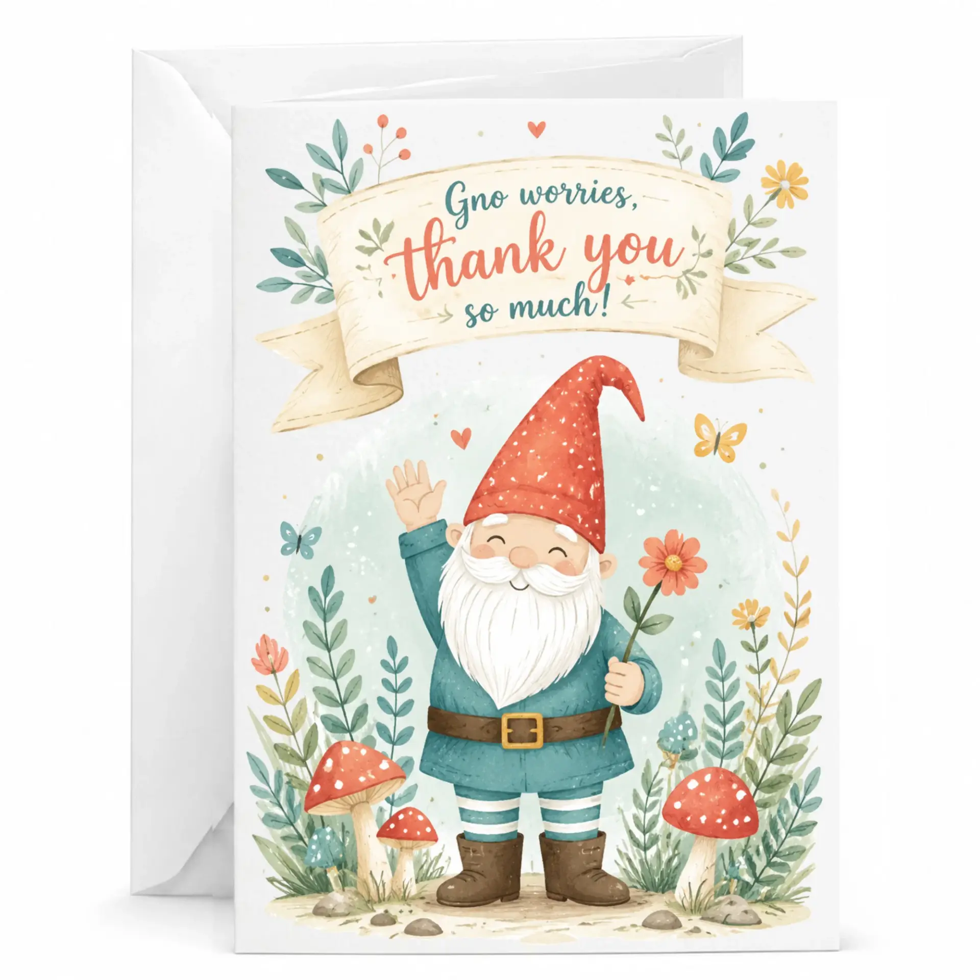 Card Gno Worries Funny Garden Gnome Greeting with Envelope for Appreciation and Gratitude Messages