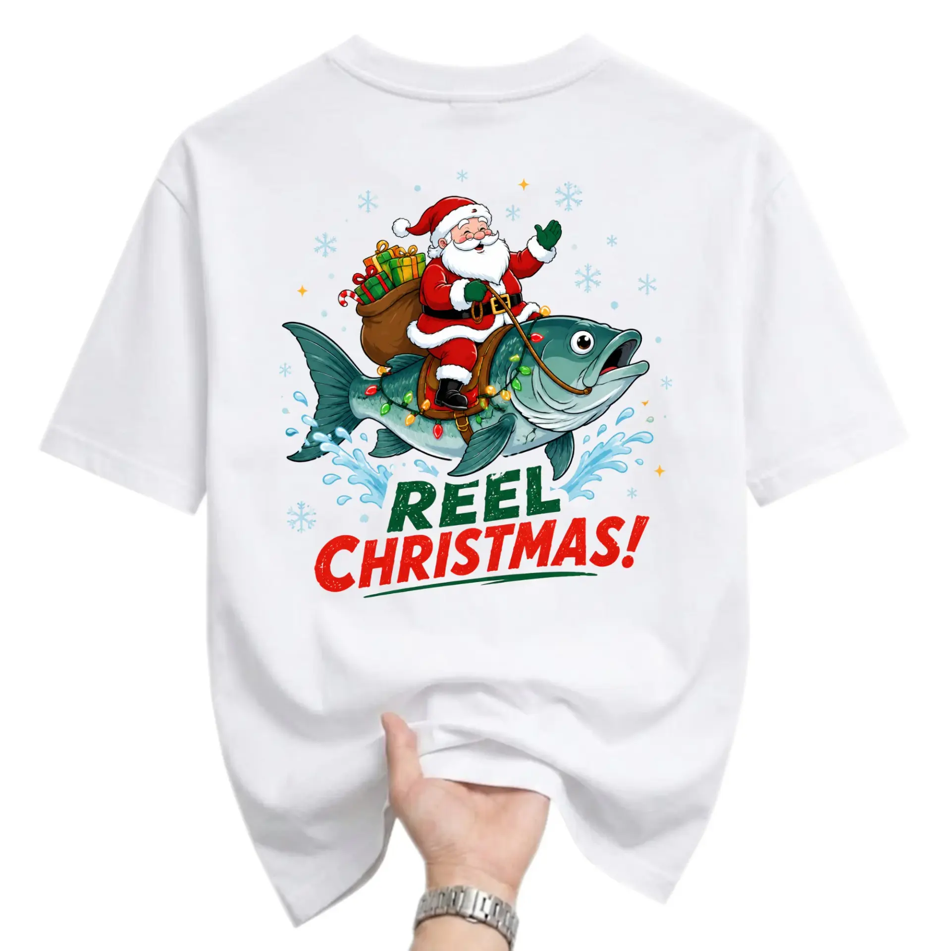 Funny Shirt Reel Christmas Fishing Santa Claus Graphic Tee Unisex Casual Crew Neck Holiday Cotton Top