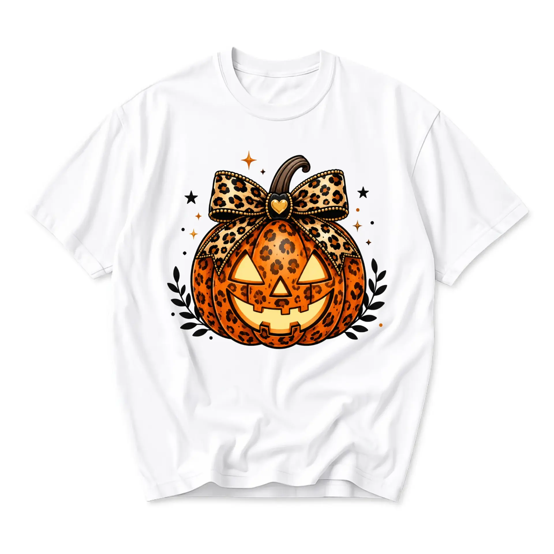 Graphic Tee Unisex Fall Pumpkin T-Shirt Cute Leopard Print Bow Seasonal Apparel Casual Crew Neck Everyday Top