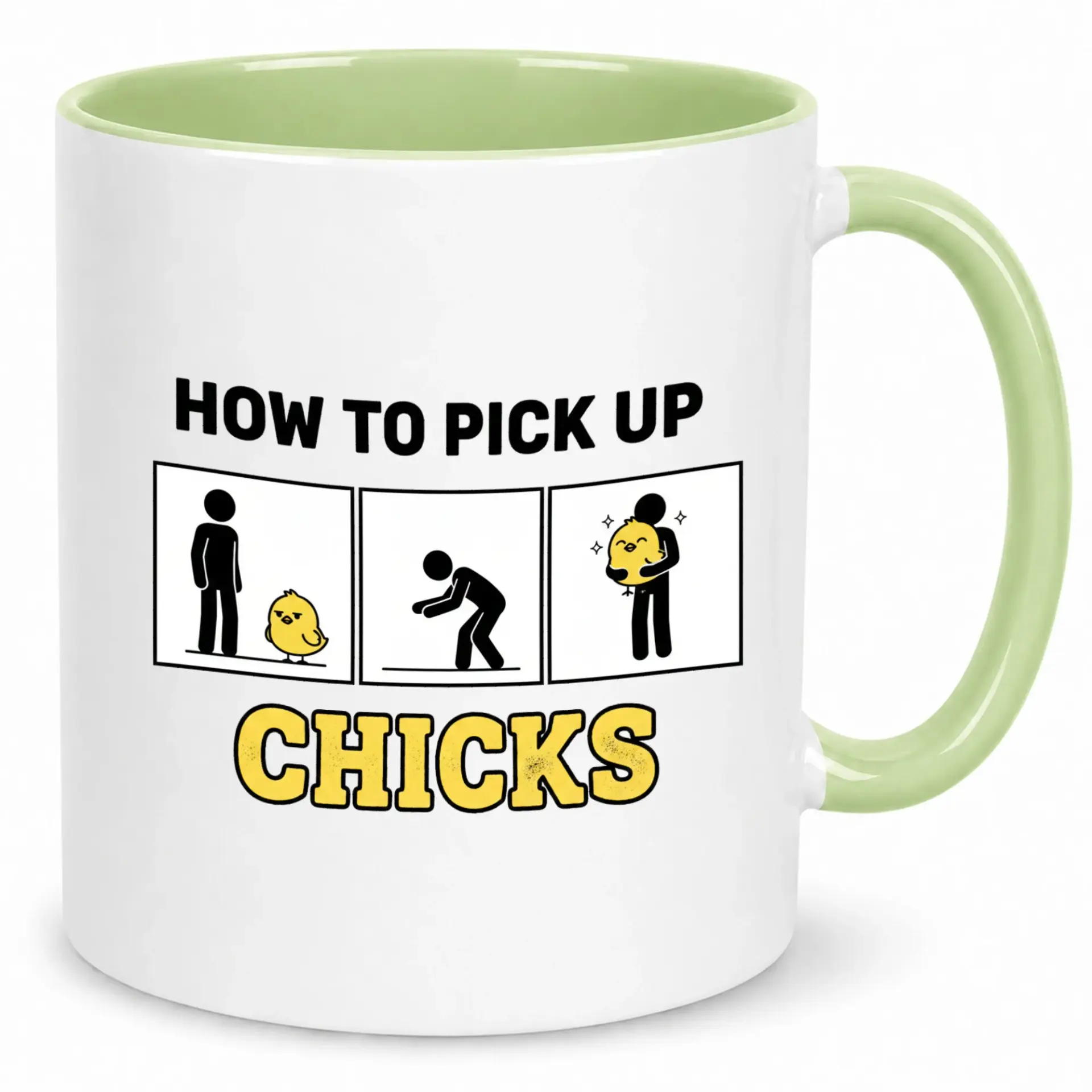 Funny Ceramic Coffee Mug with Humorous 'how up Chicks' Pun Design 11oz or 15oz Capacity White & Green Drinkware Ideal for Bird Lovers