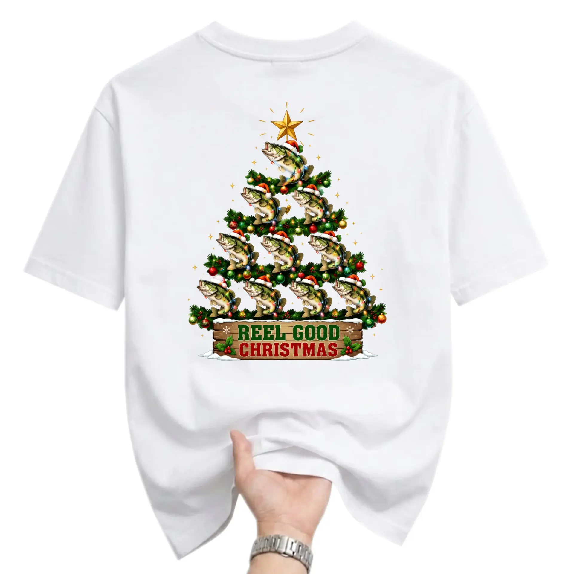Graphic Tee Reel Good Christmas Fishing Theme Unisex Crew Neck Short Sleeve Shirt for Casual Holiday Wear and Outdoors