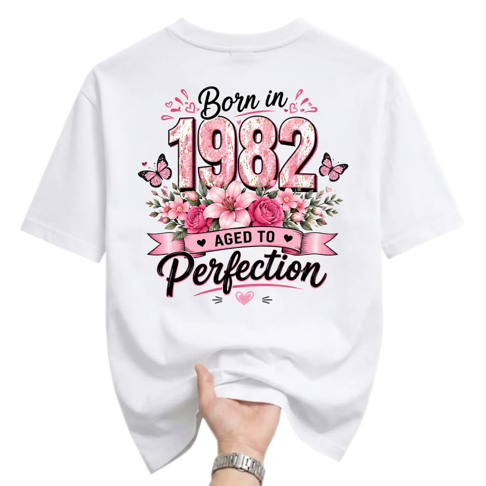 Graphic Tee Born in 1982 Aged to Perfection Floral Butterfly Design Unisex