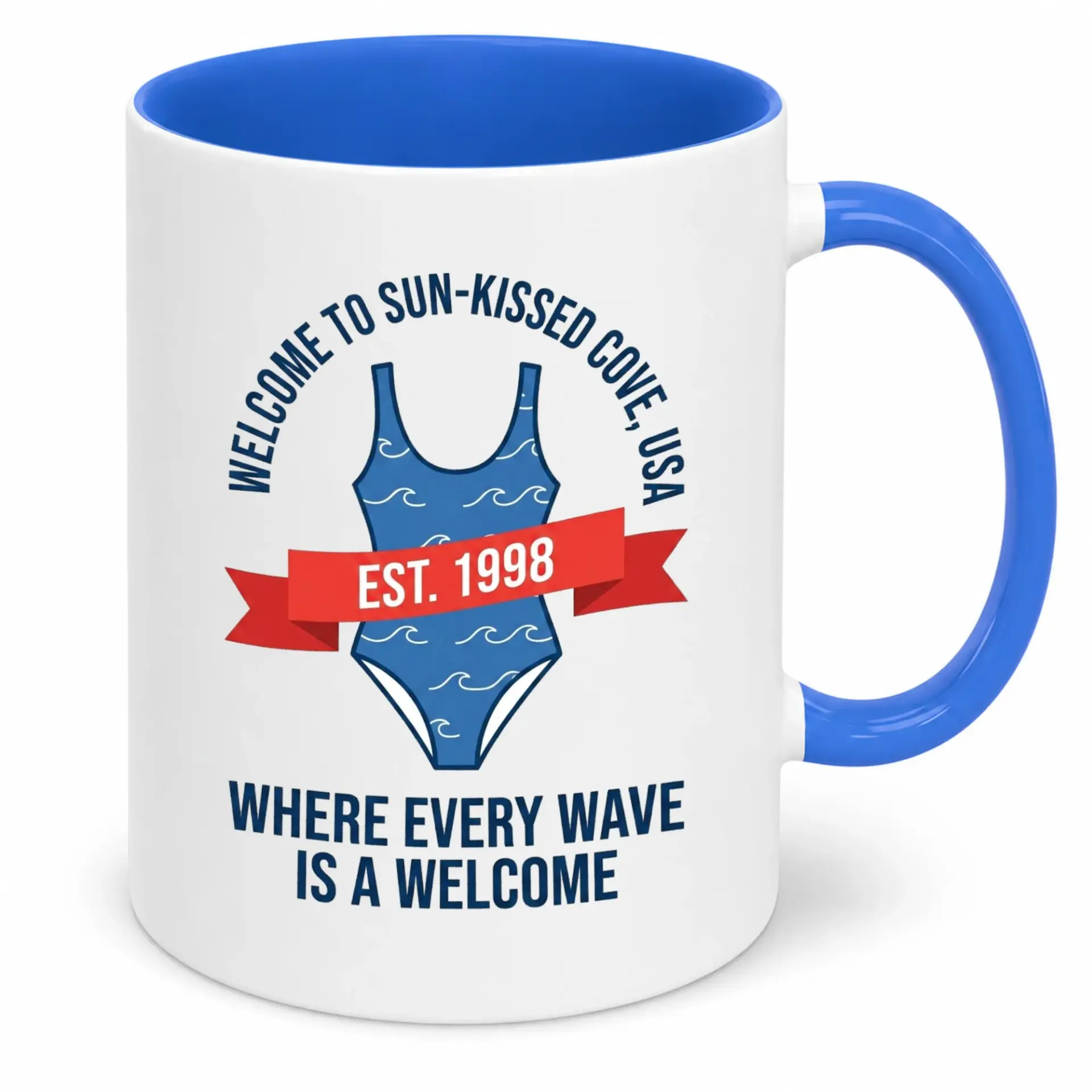 Coffee Mug with Summer Beach Vacation Theme, Sun-Kissed Cove Swimsuit Design, Welcome Waves Ceramic Drinkware for Home or Office
