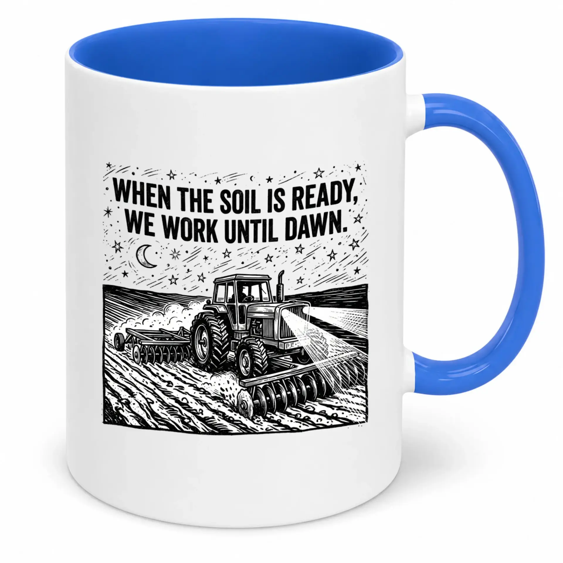 Farmer's Dedication Ceramic Coffee Mug with Tractor Plowing Field Design for Hardworking Agriculture Enthusiasts