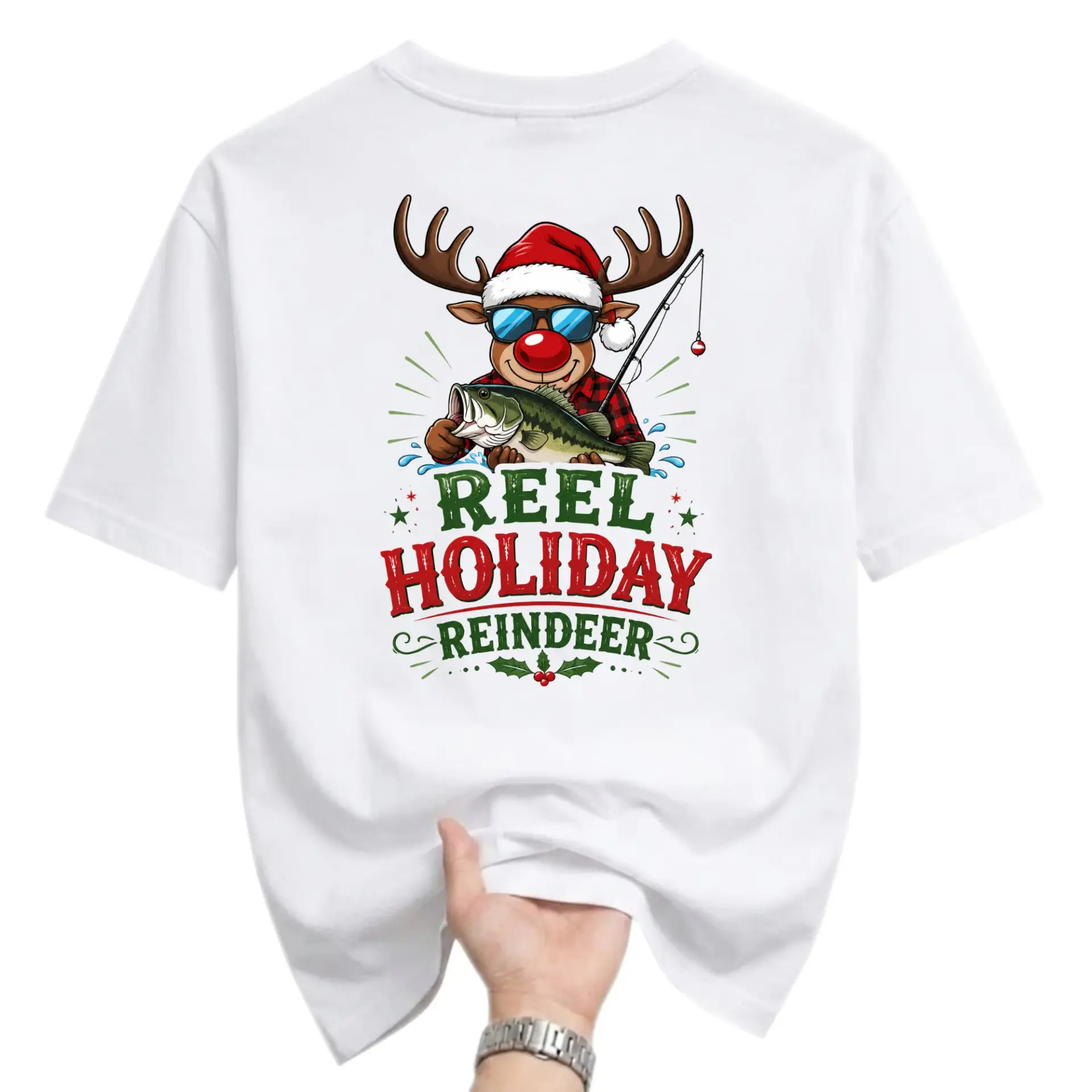Funny Shirt Reel Holiday Reindeer Fishing Graphic Tee Unisex Short Sleeve