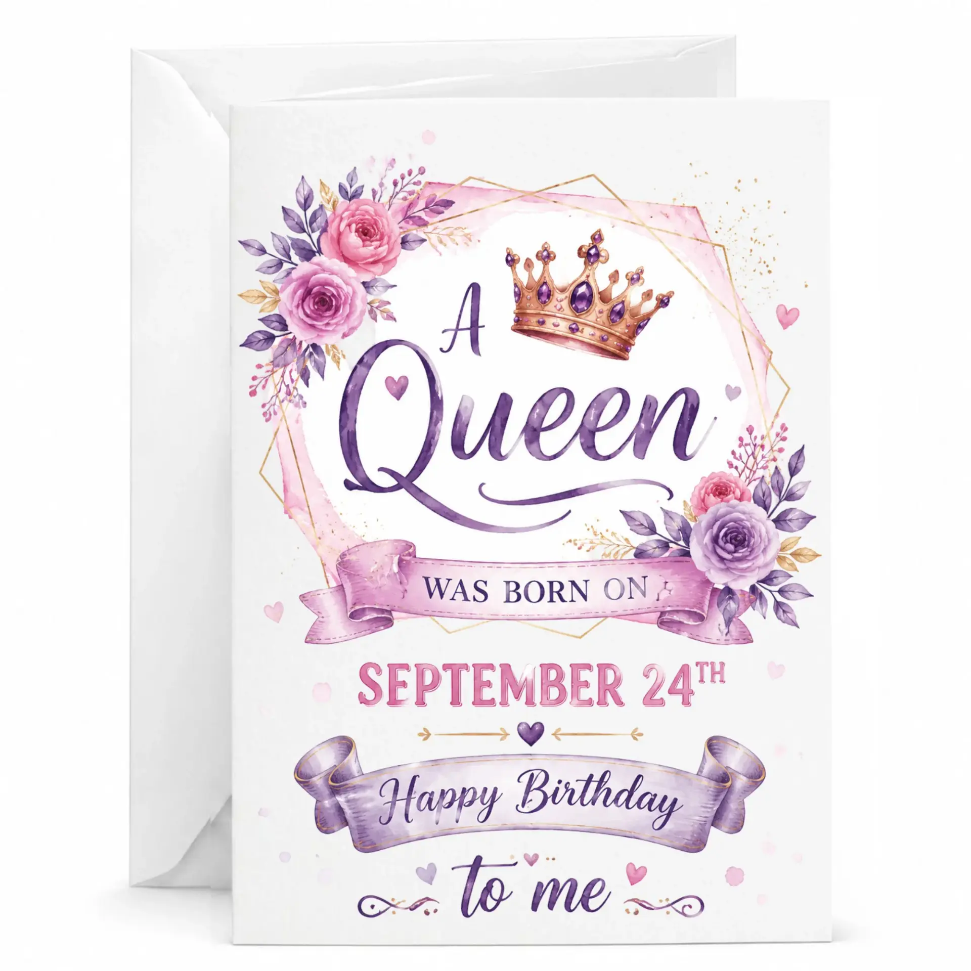 Birthday Card for Her Floral Crown Design September 24th Greeting Card Personalizable Note Card for Special Occasions