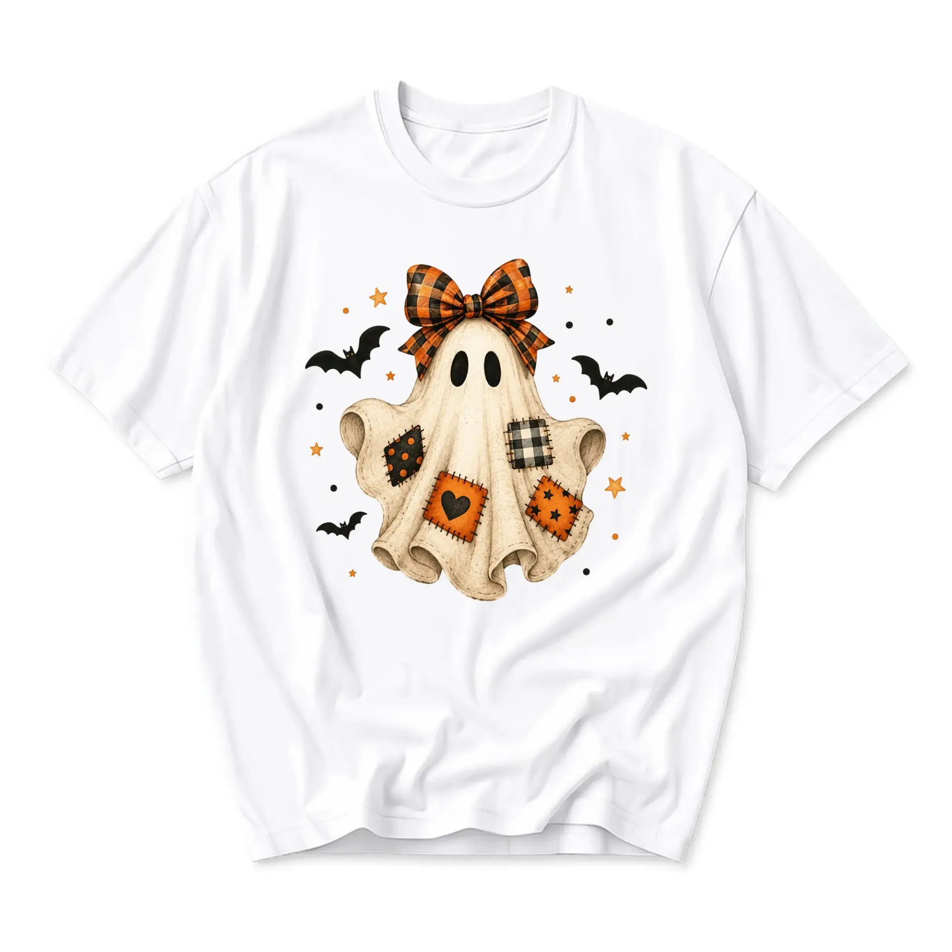 Graphic Tee Unisex Crew Neck T-Shirt Featuring Cute Halloween Ghost Illustration with Plaid Bow and Patches