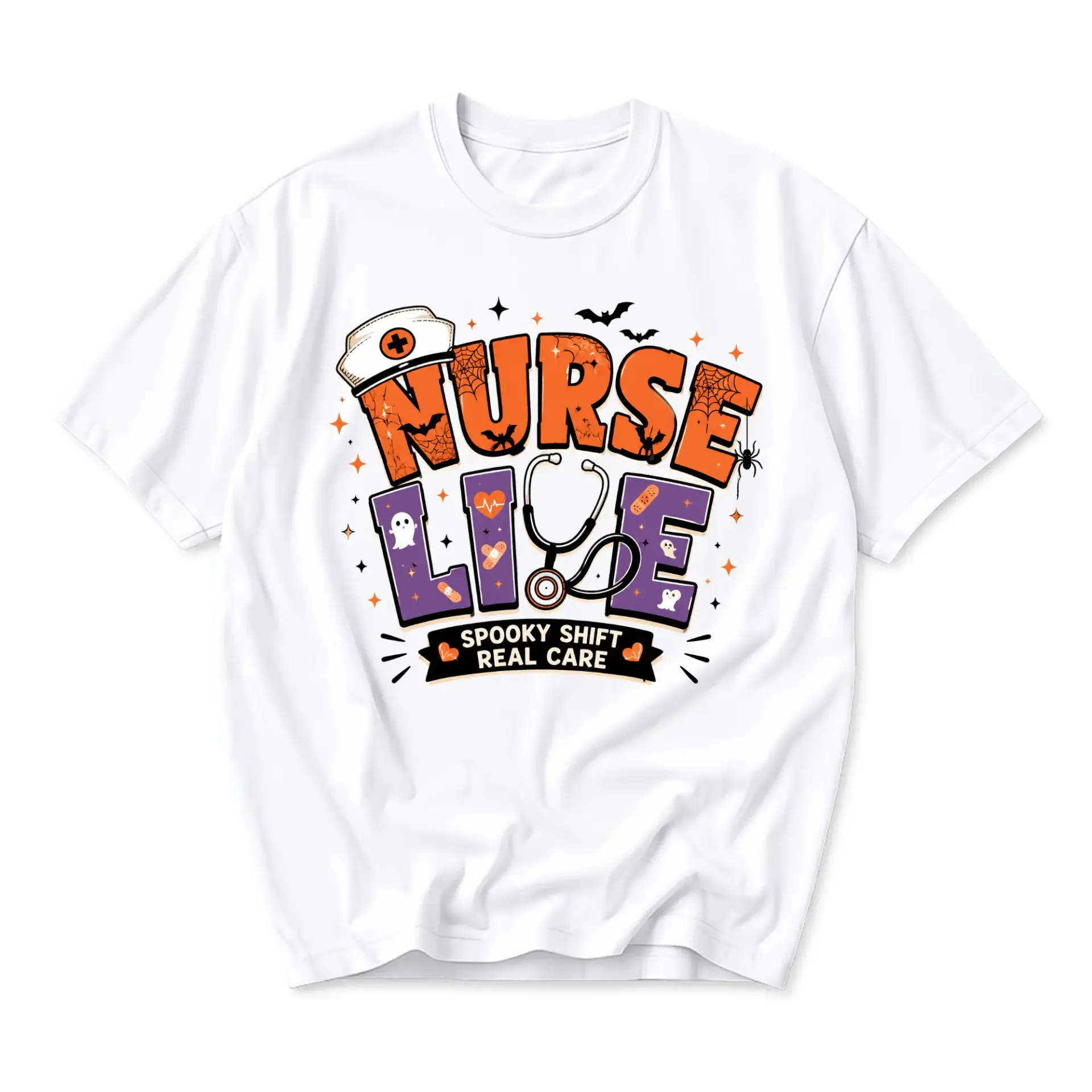 Funny Shirt Nurse Life Spooky Shift Graphic Tee Unisex Cotton Crew Neck Casual Top Halloween Themed Medical Apparel